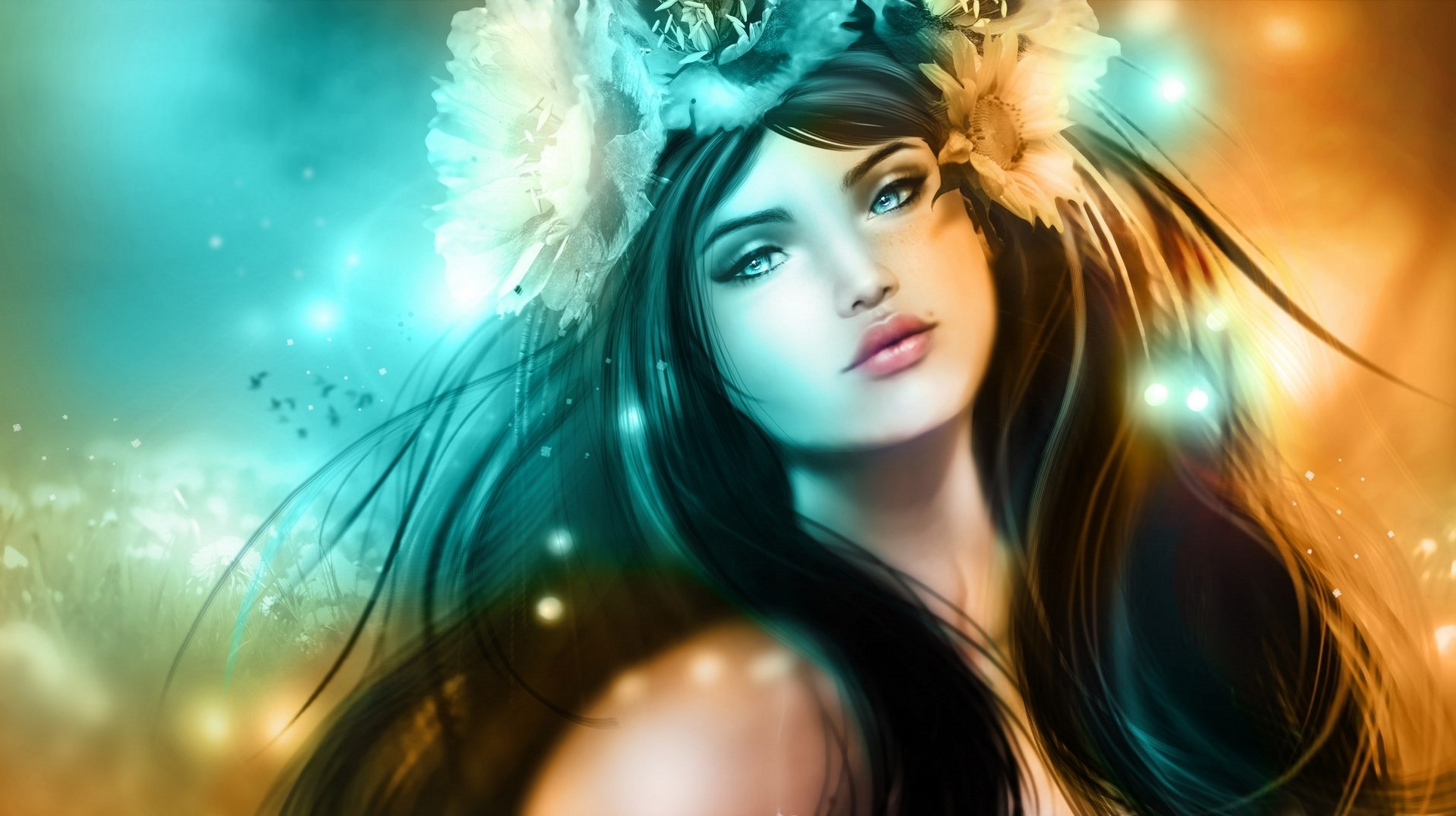 Digital art of a woman with flowers in her hair HD Wallpaper