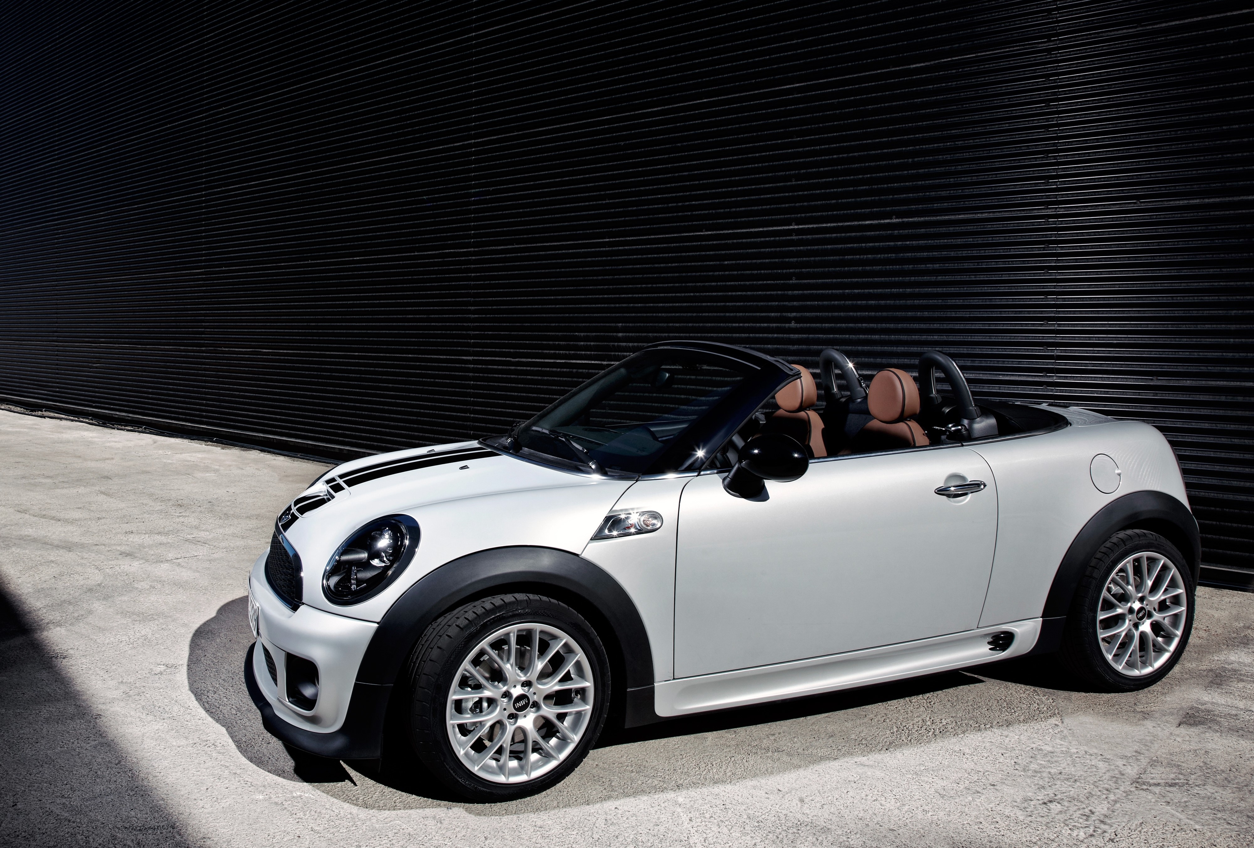 White Mini Cooper Cabriolet with Black Stripes HD Wallpaper