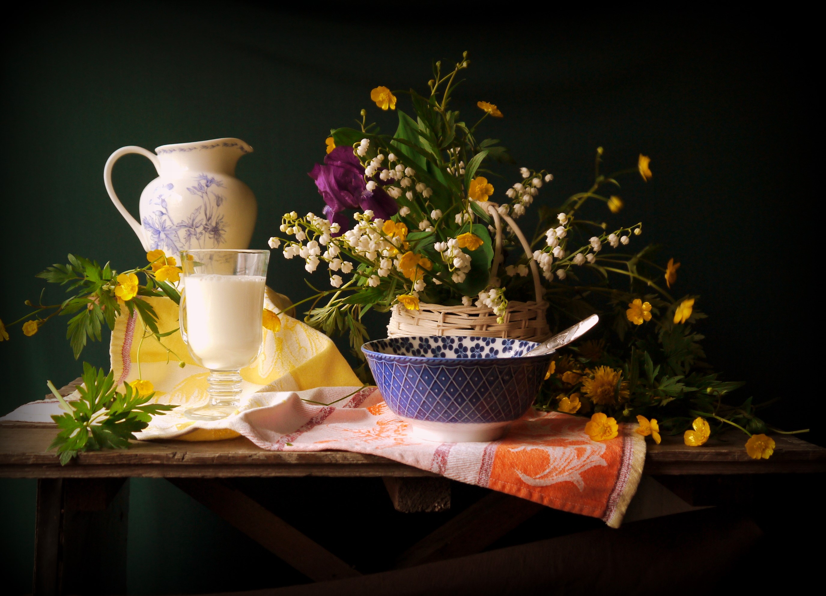 Still-life with lilies of the valley, milk, and a jug HD Wallpaper