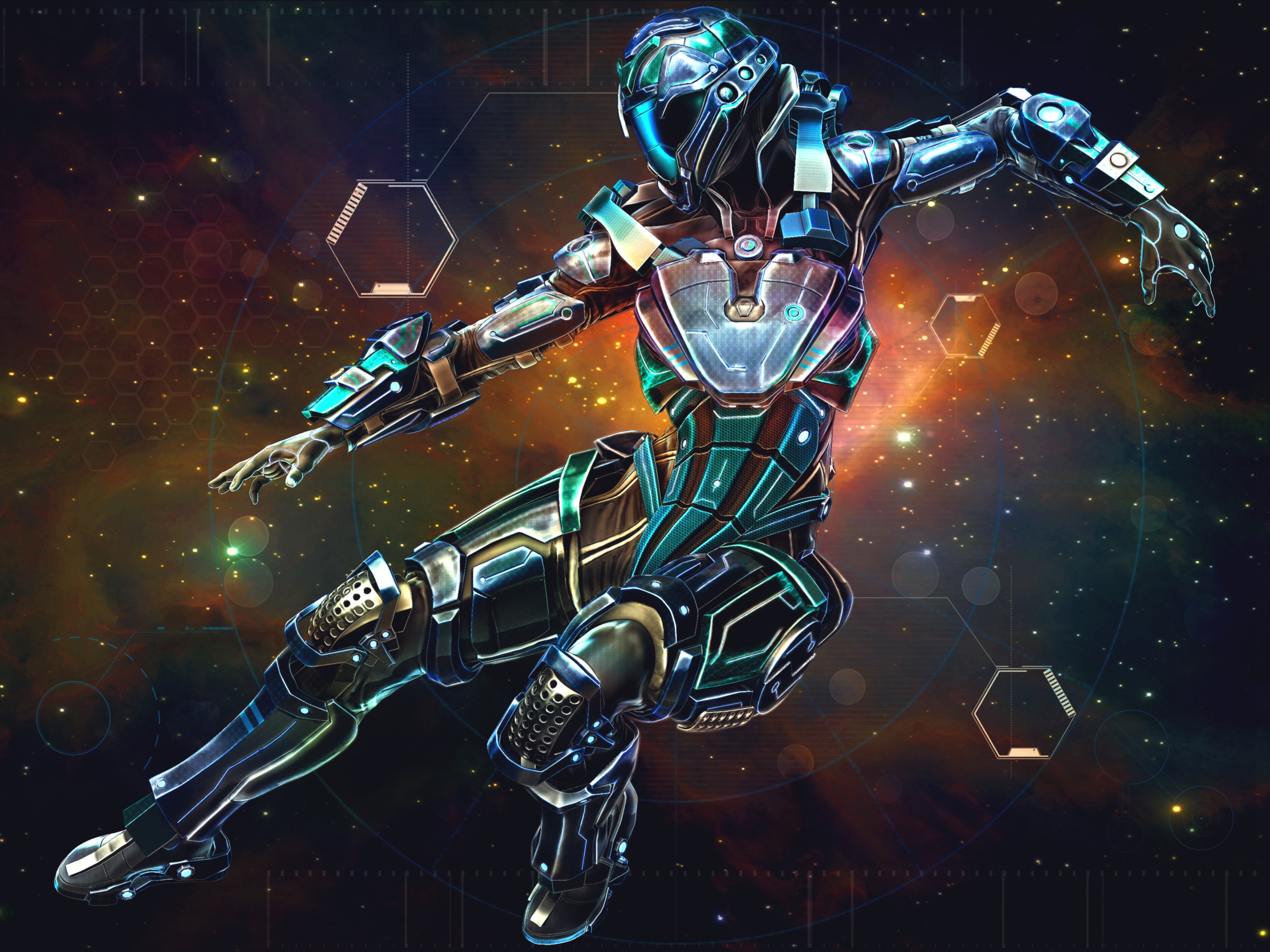 Futuristic robot in space with holographic displays HD Wallpaper