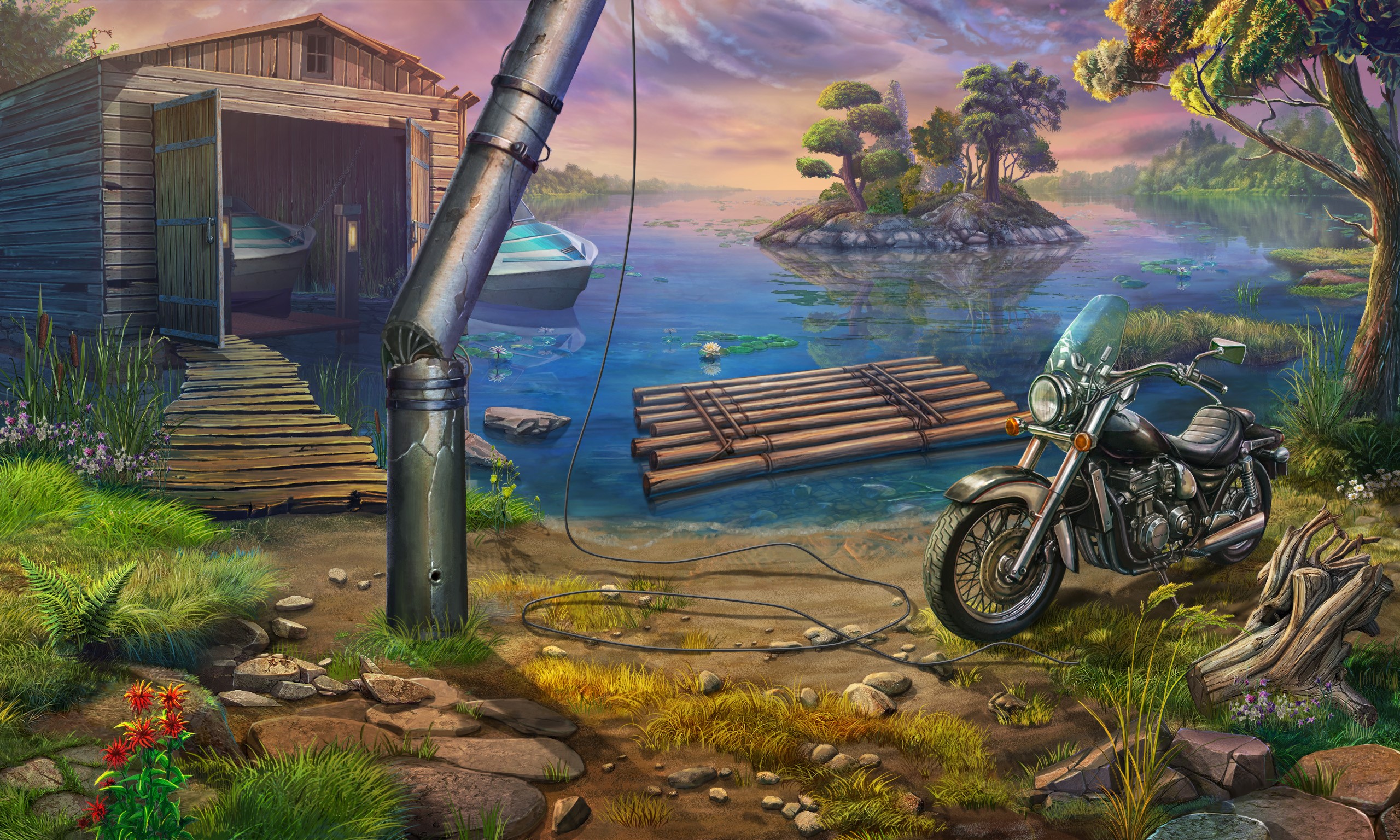 Motorcycle parked by a lake with a boathouse and raft HD Wallpaper