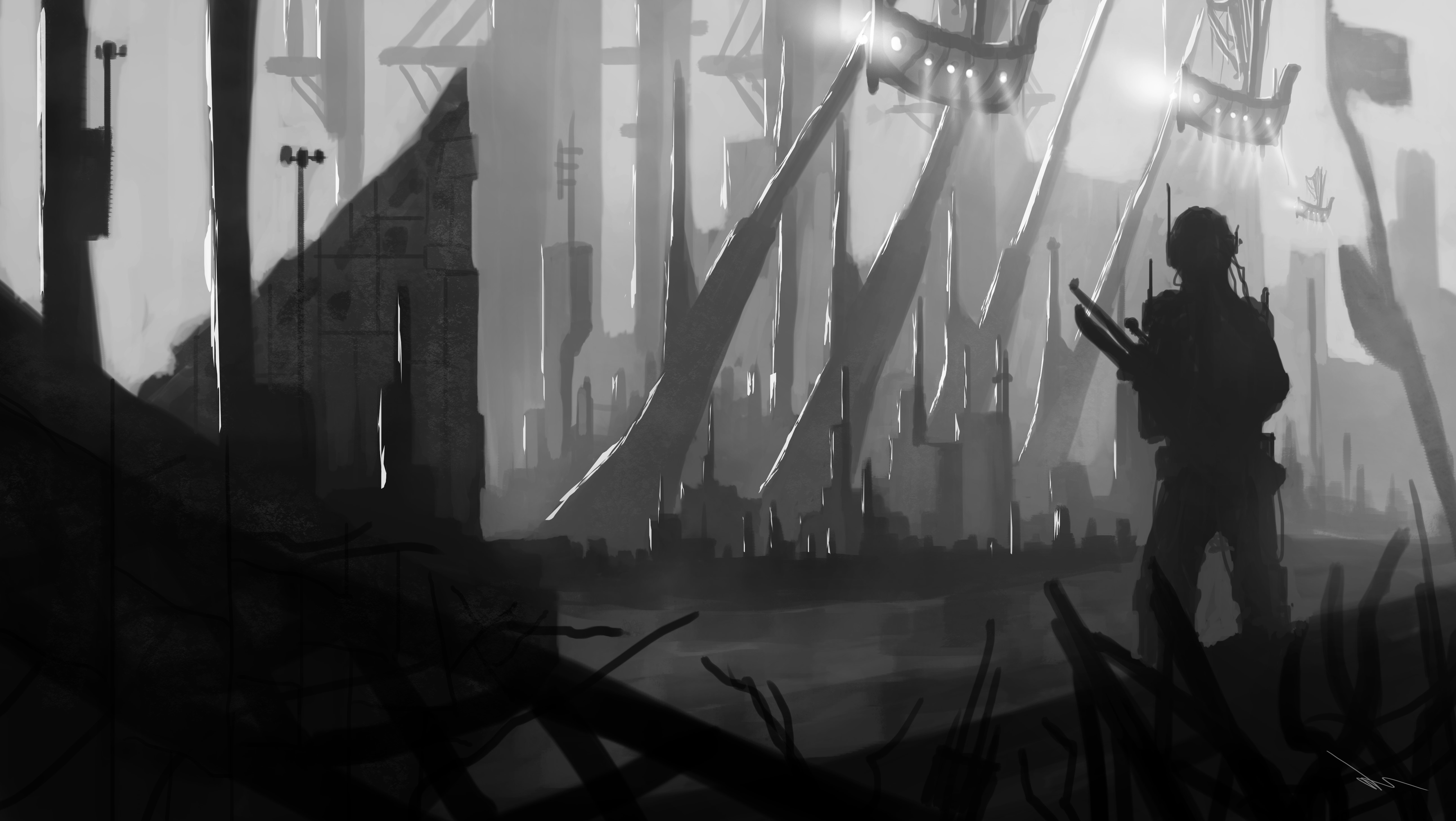 Soldier in a futuristic city with airships HD Wallpaper