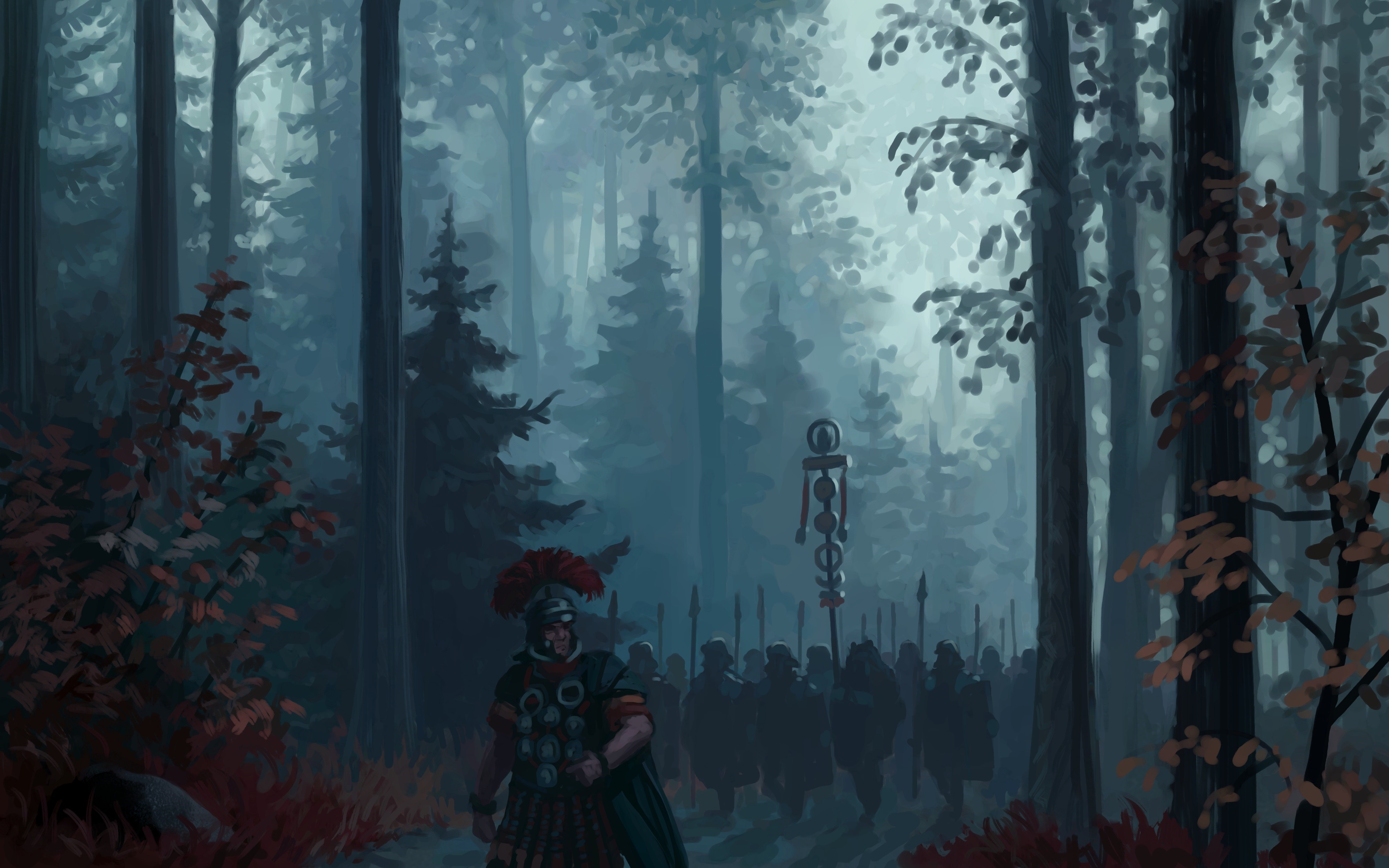 Roman soldiers marching through a misty forest HD Wallpaper