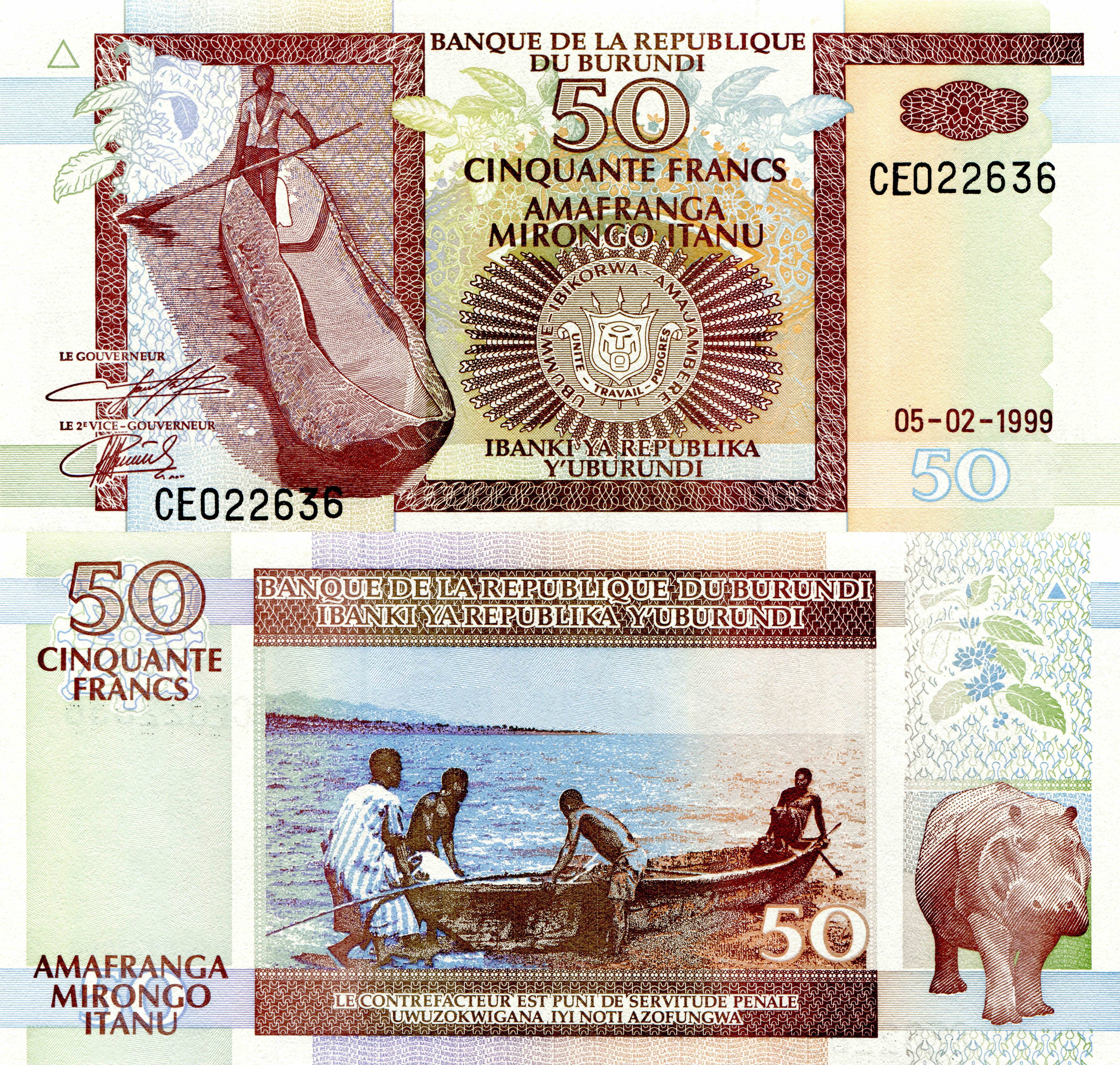 50 francs Burundi banknote with hippo and boat scene HD Wallpaper