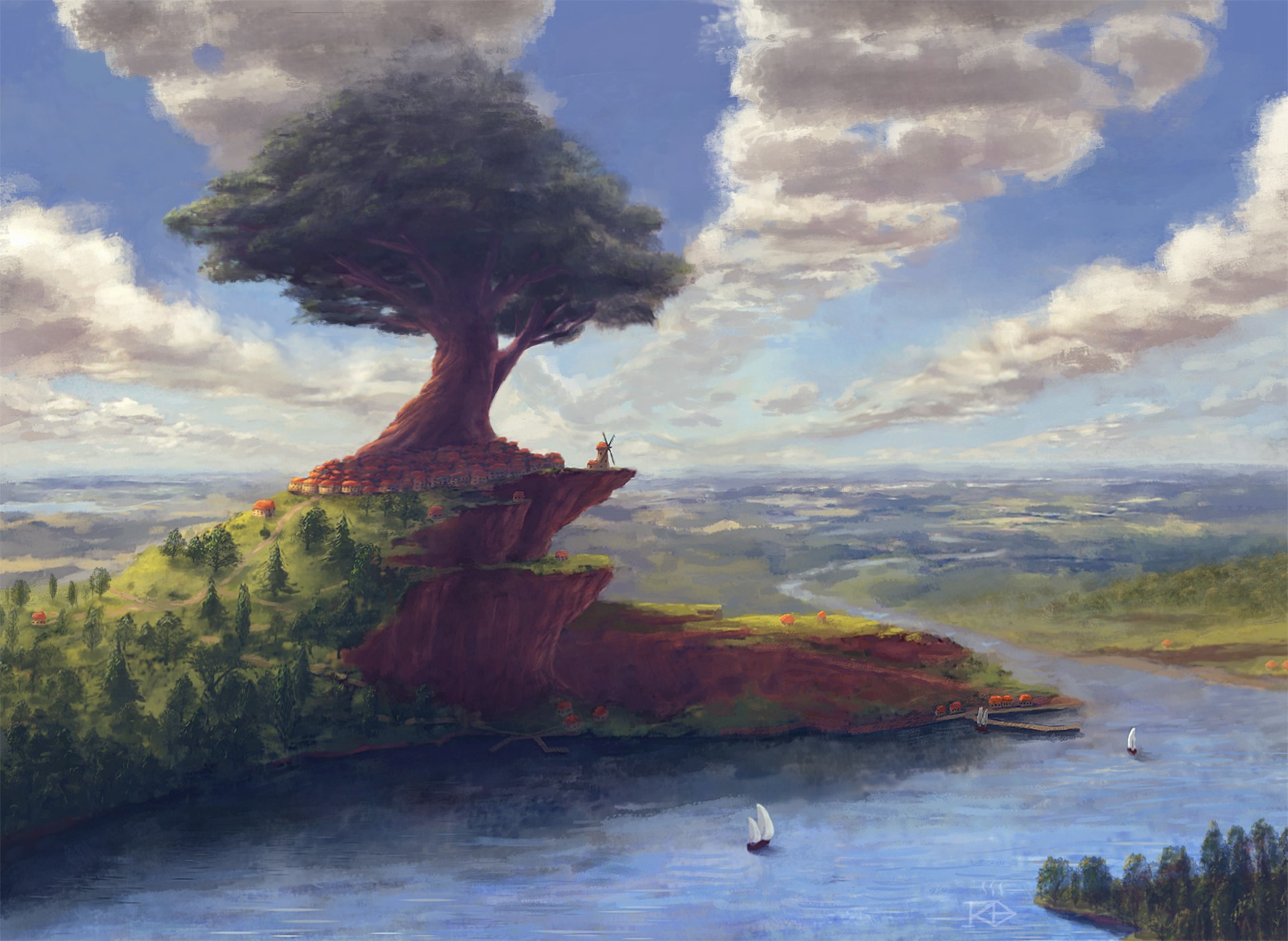 Fantasy landscape with giant tree and village by river HD Wallpaper