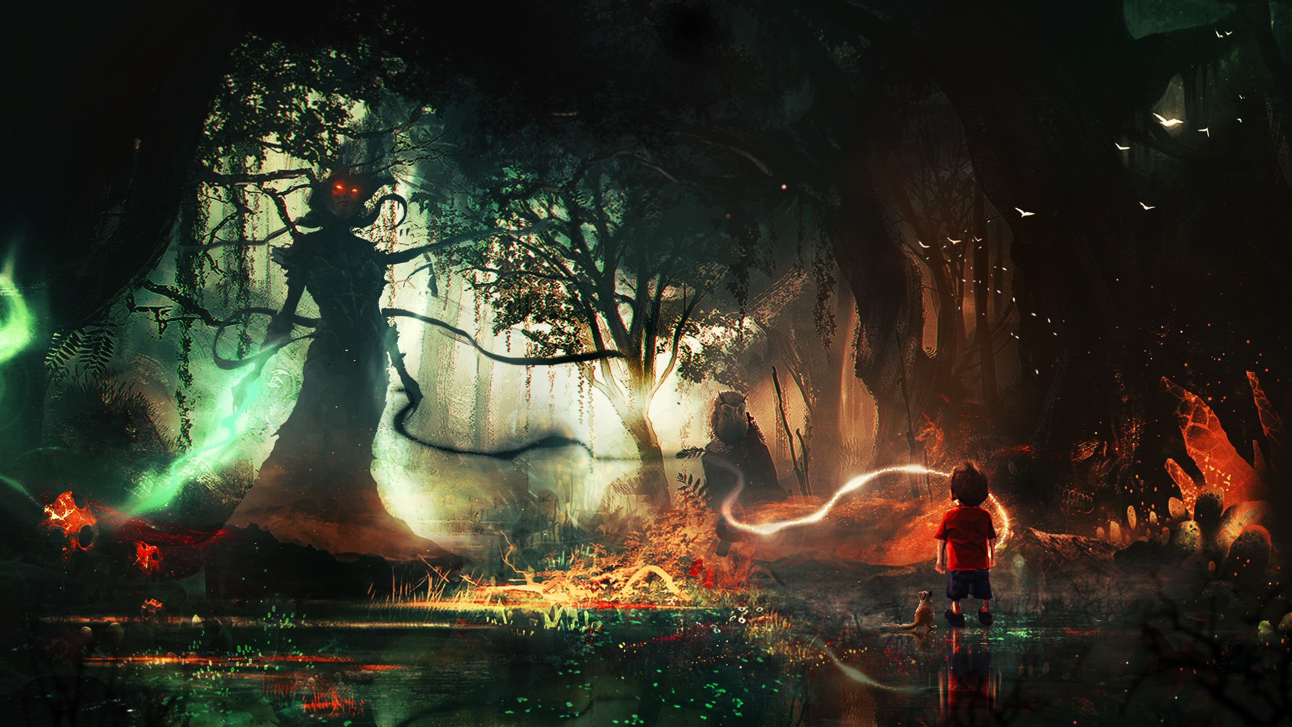 Boy and monster in a magical forest HD Wallpaper