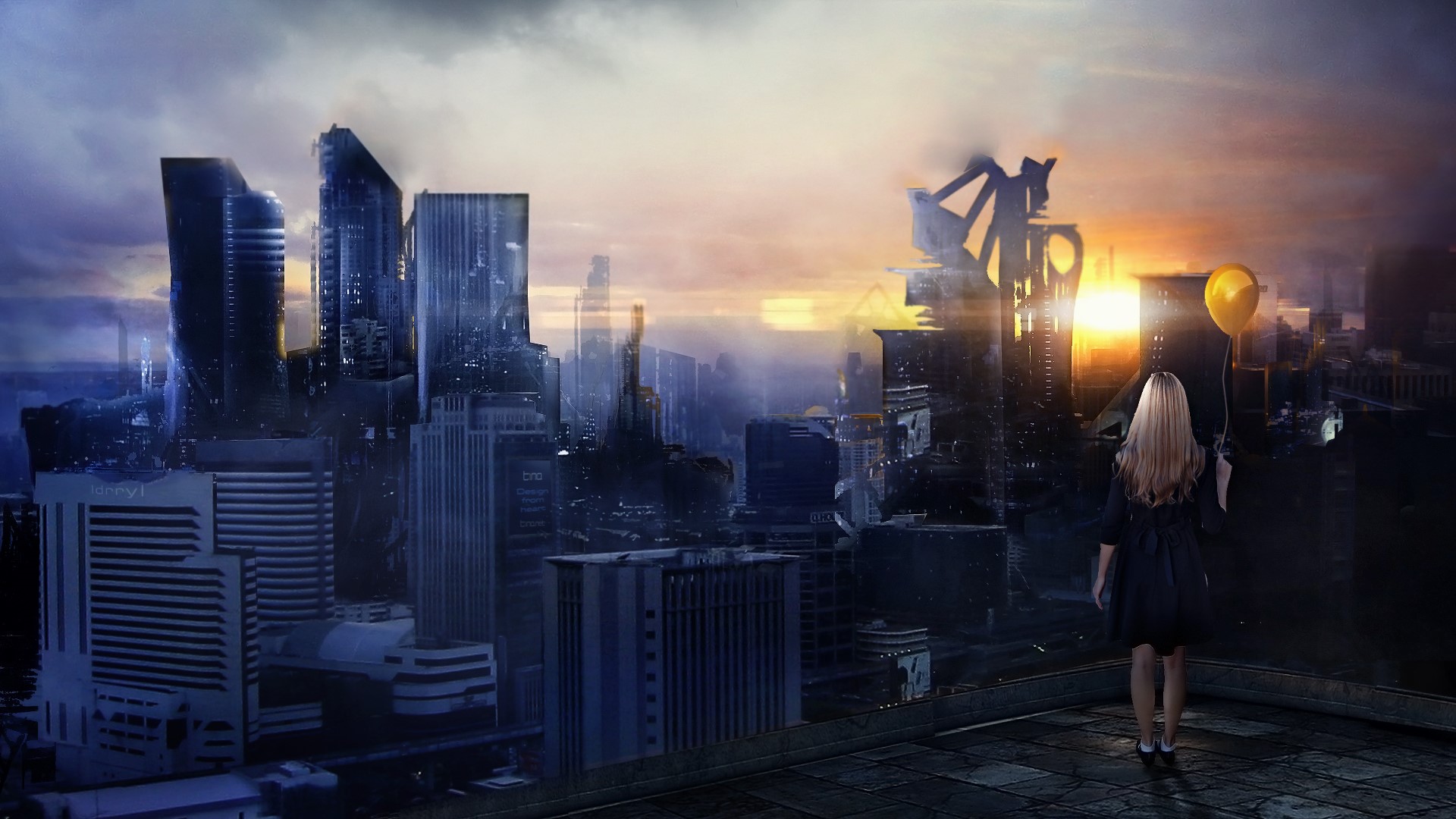 Blonde girl with balloon in futuristic city HD Wallpaper