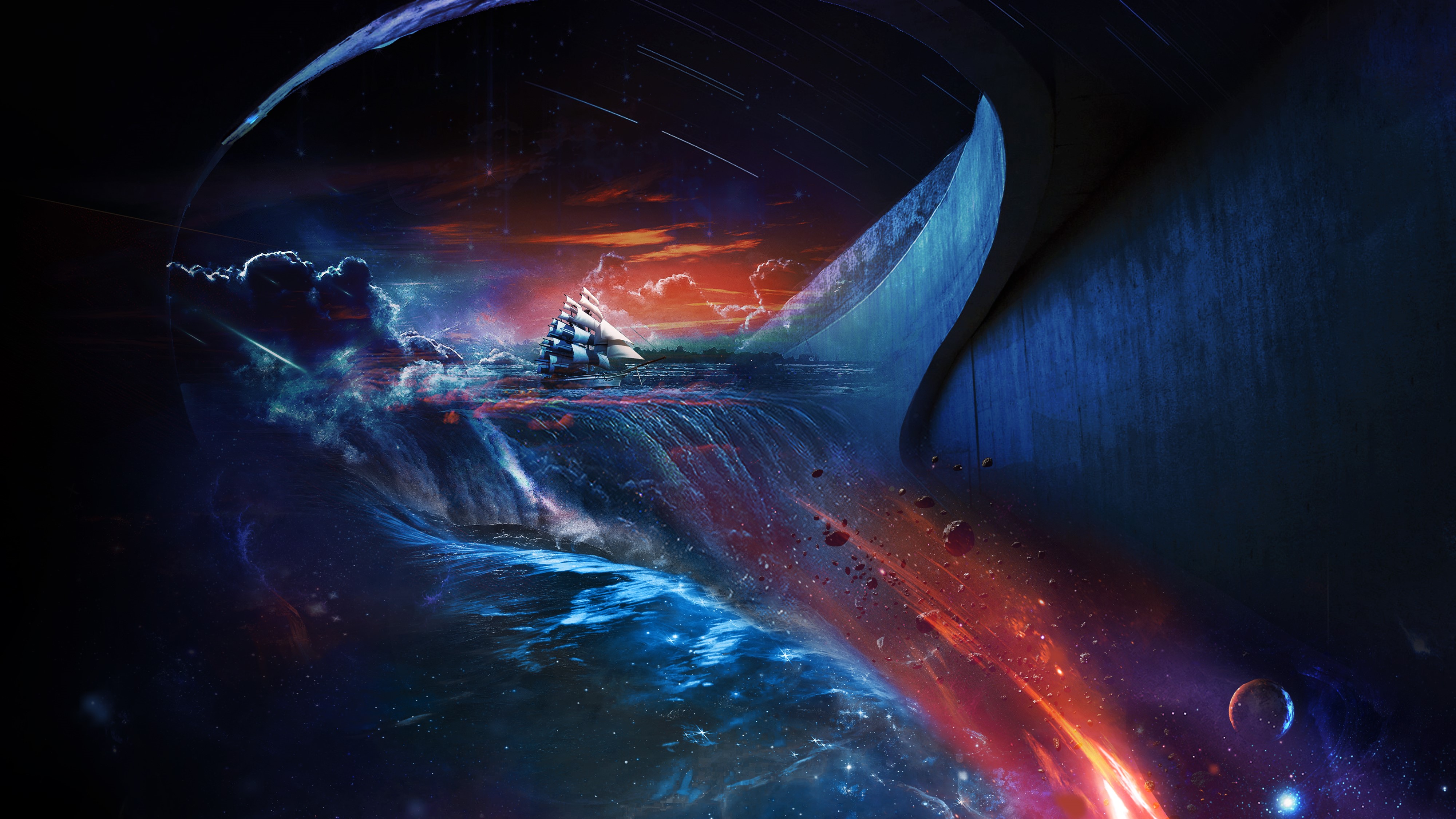 Sailing Ship on a Cosmic Waterfall HD Wallpaper