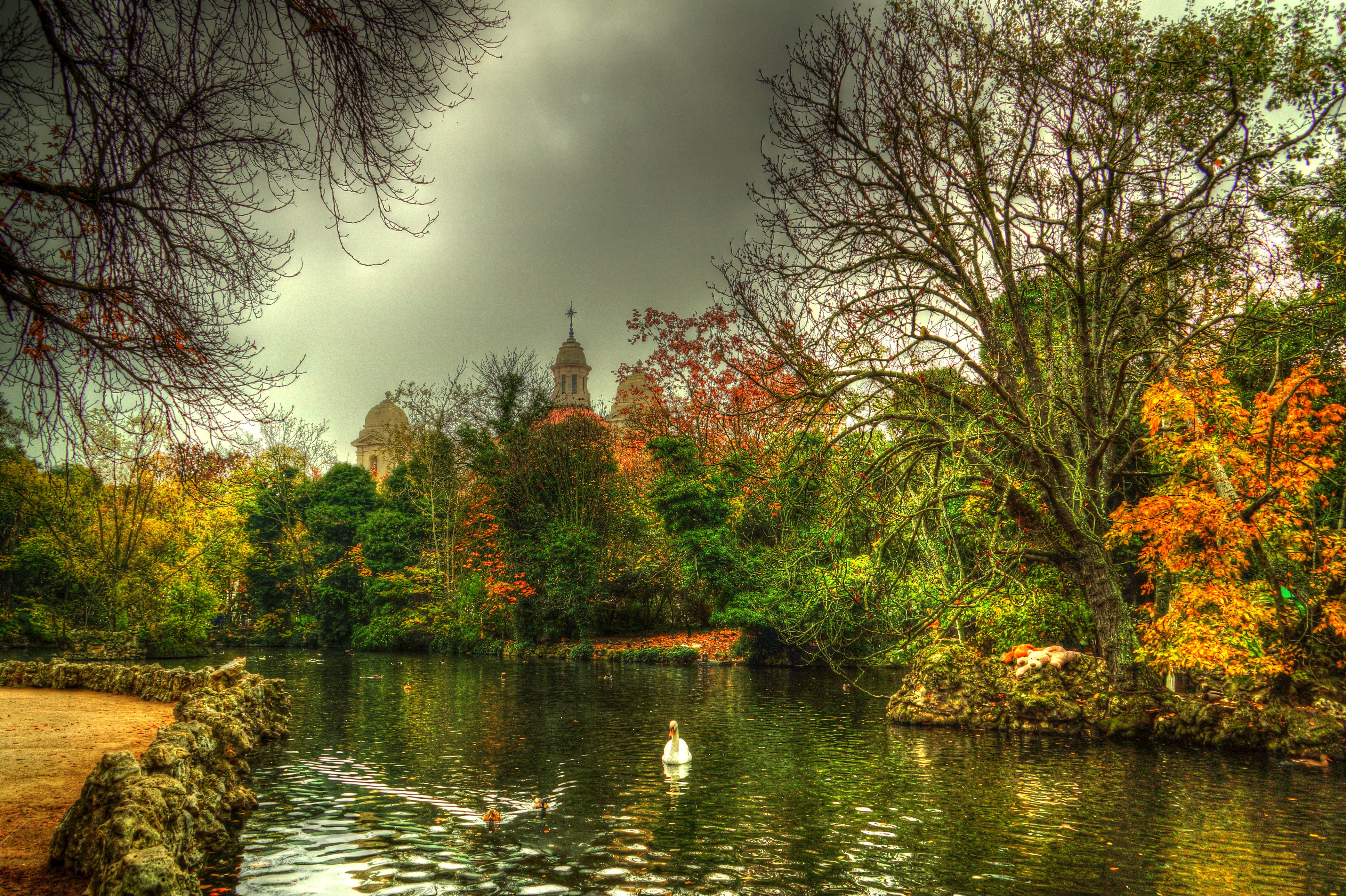 Autumn park with swan and buildings in Spain HD Wallpaper