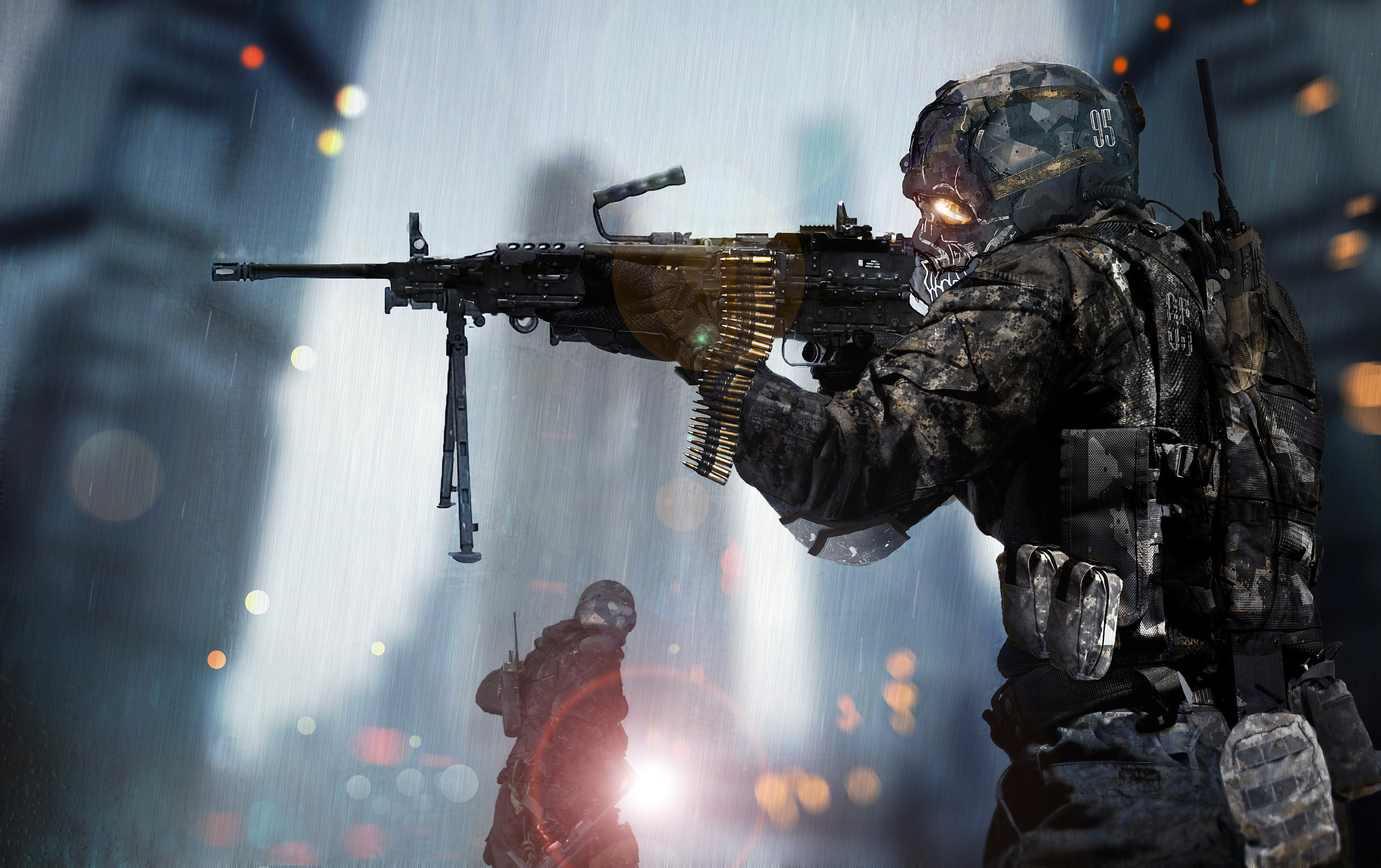 Soldiers with machine guns in the rain HD Wallpaper