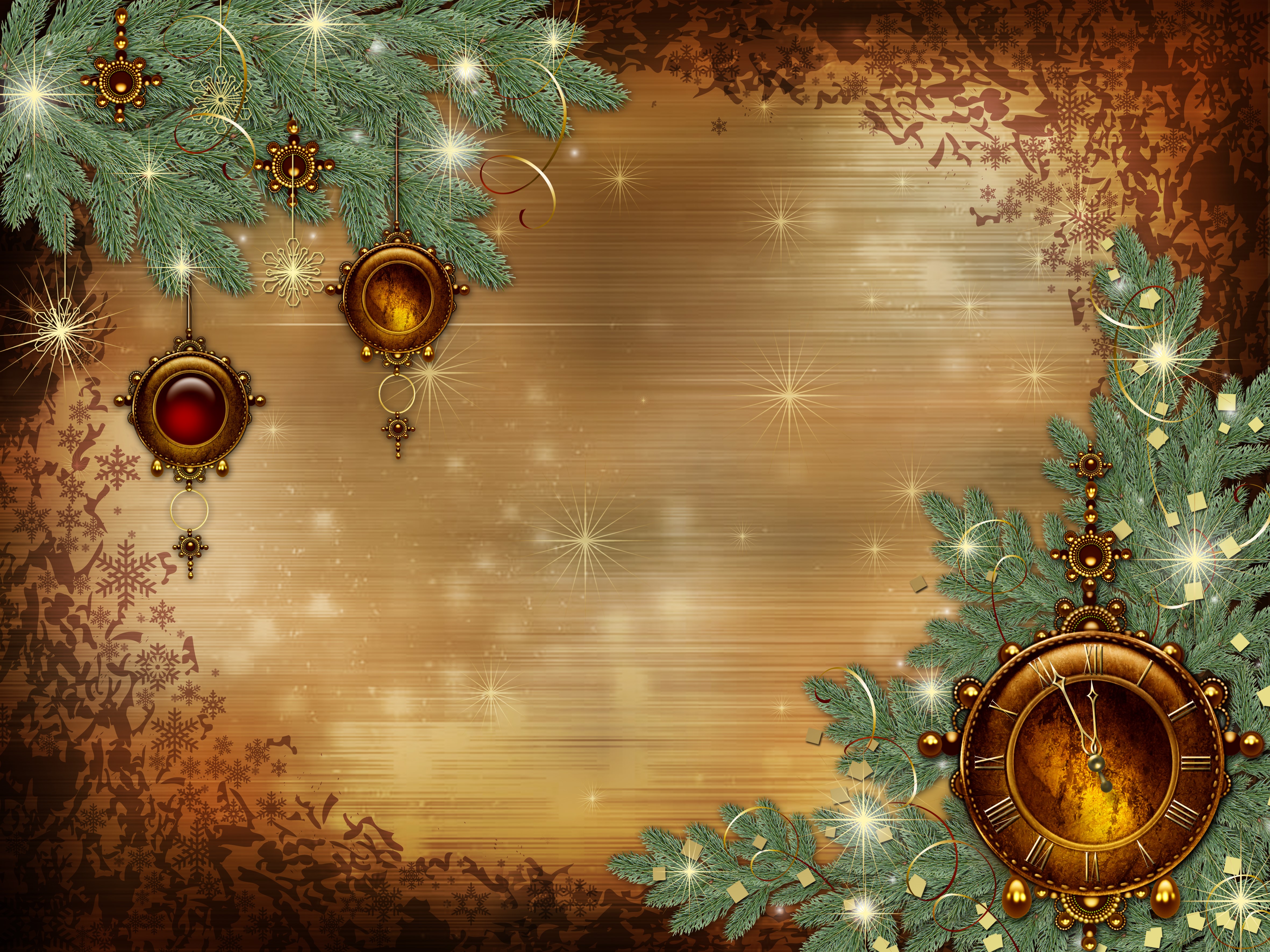 Christmas Clock and Ornaments on Fir Branches HD Wallpaper