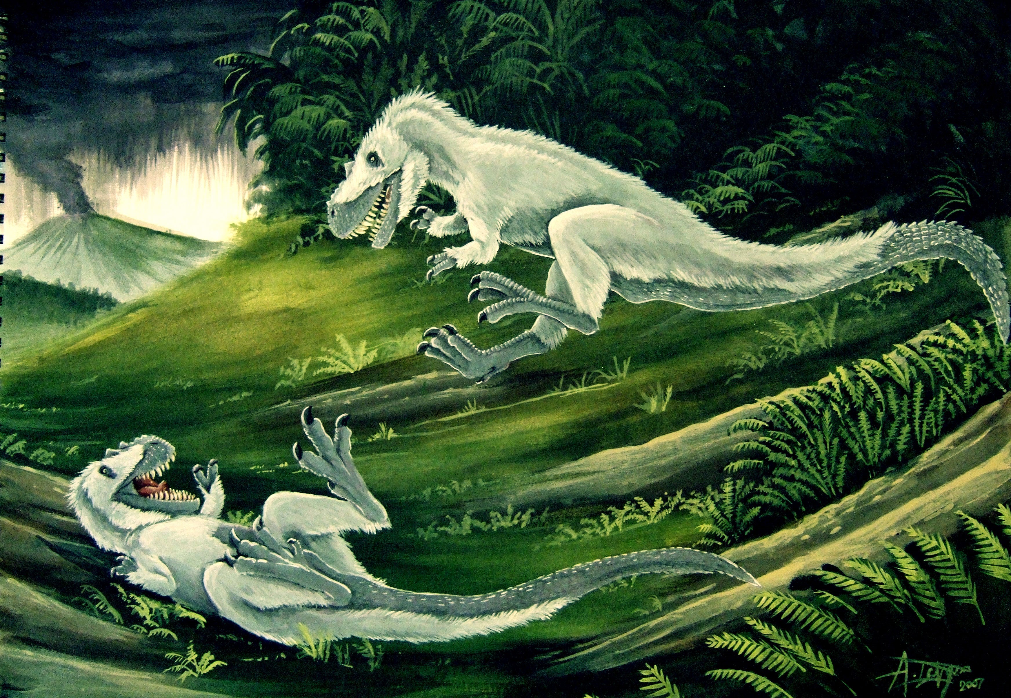 Two Dryptosaurus dinosaurs in a prehistoric landscape HD Wallpaper