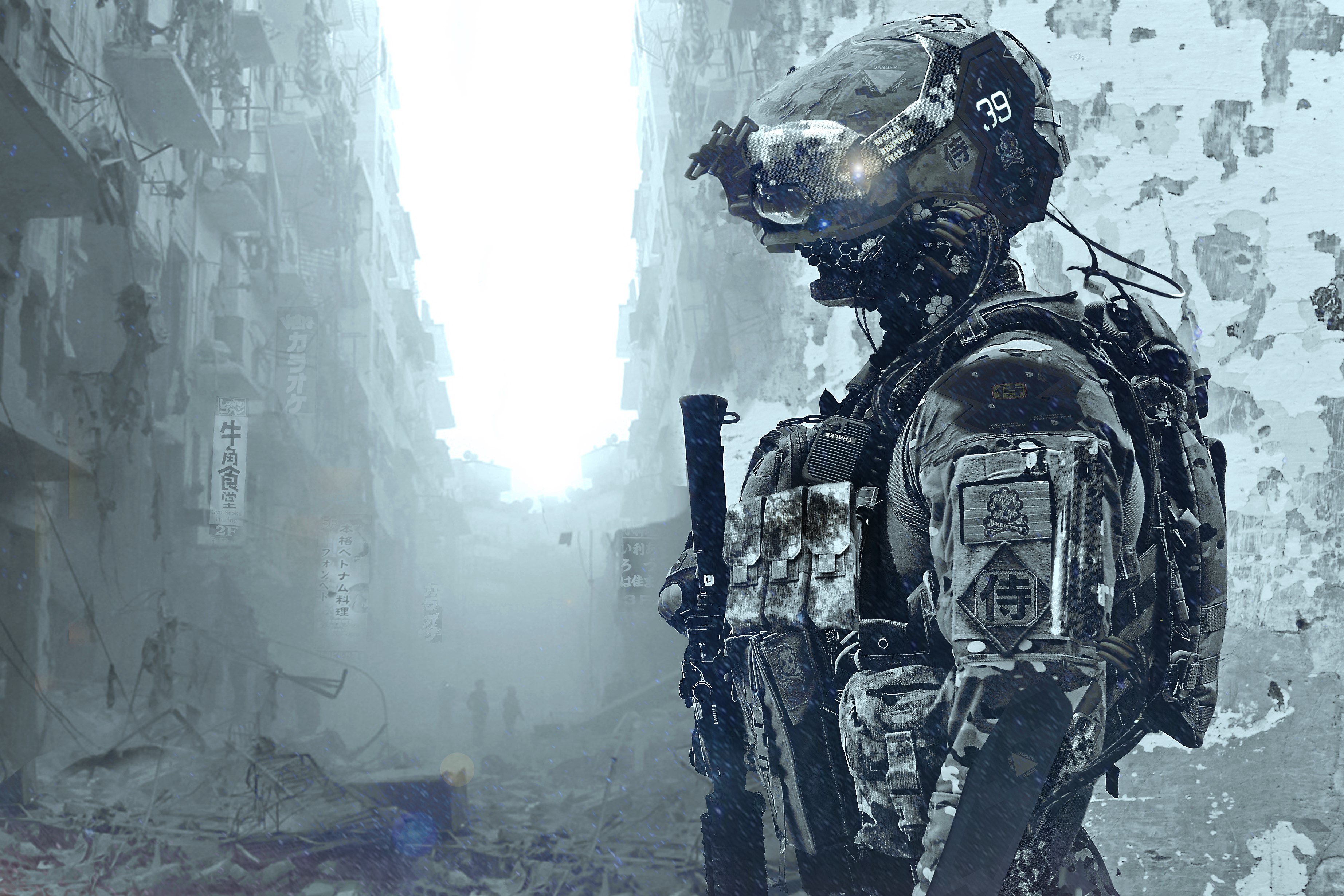 Soldier in futuristic helmet in ruined city HD Wallpaper