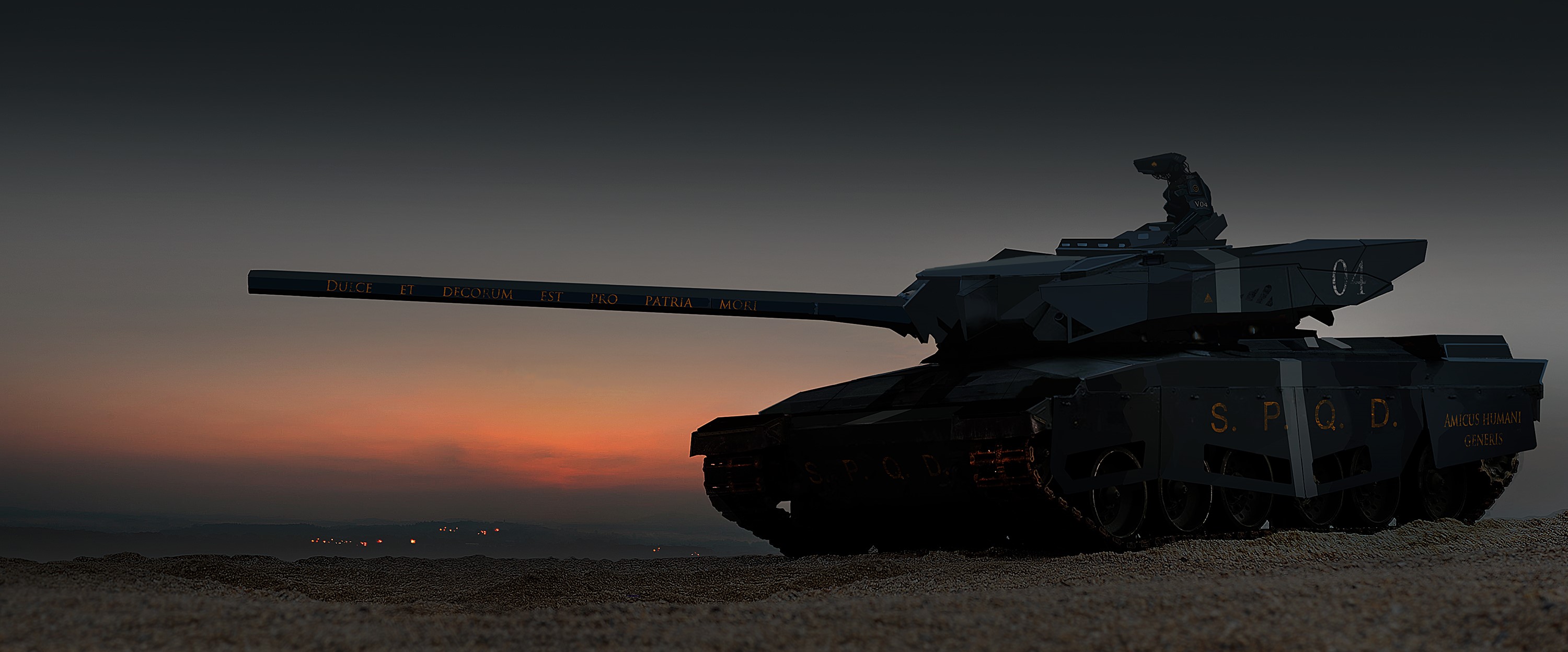 Futuristic Tank with Latin Inscription at Sunset HD Wallpaper