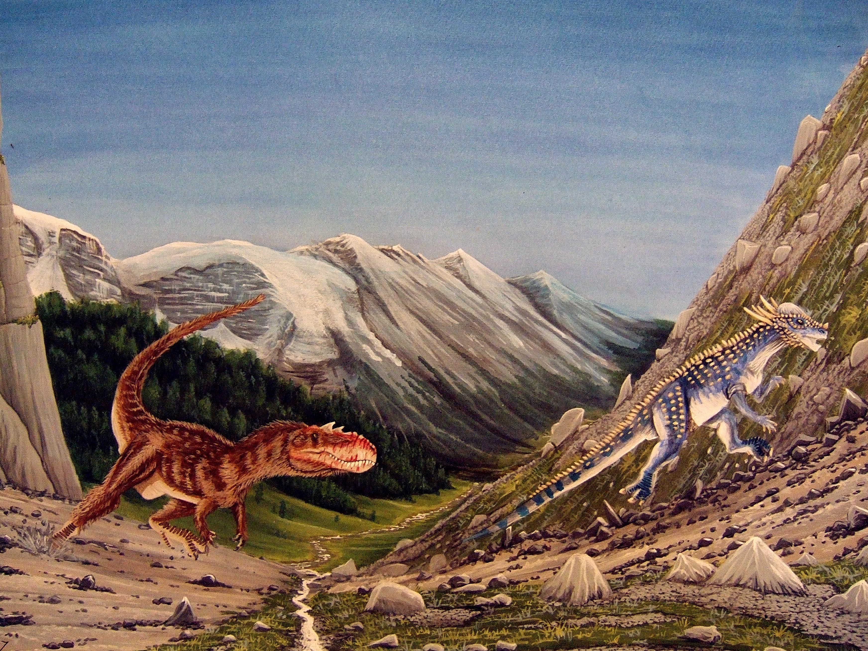 Dinosaurs in a mountainous landscape by Alexander Lovegrove HD Wallpaper