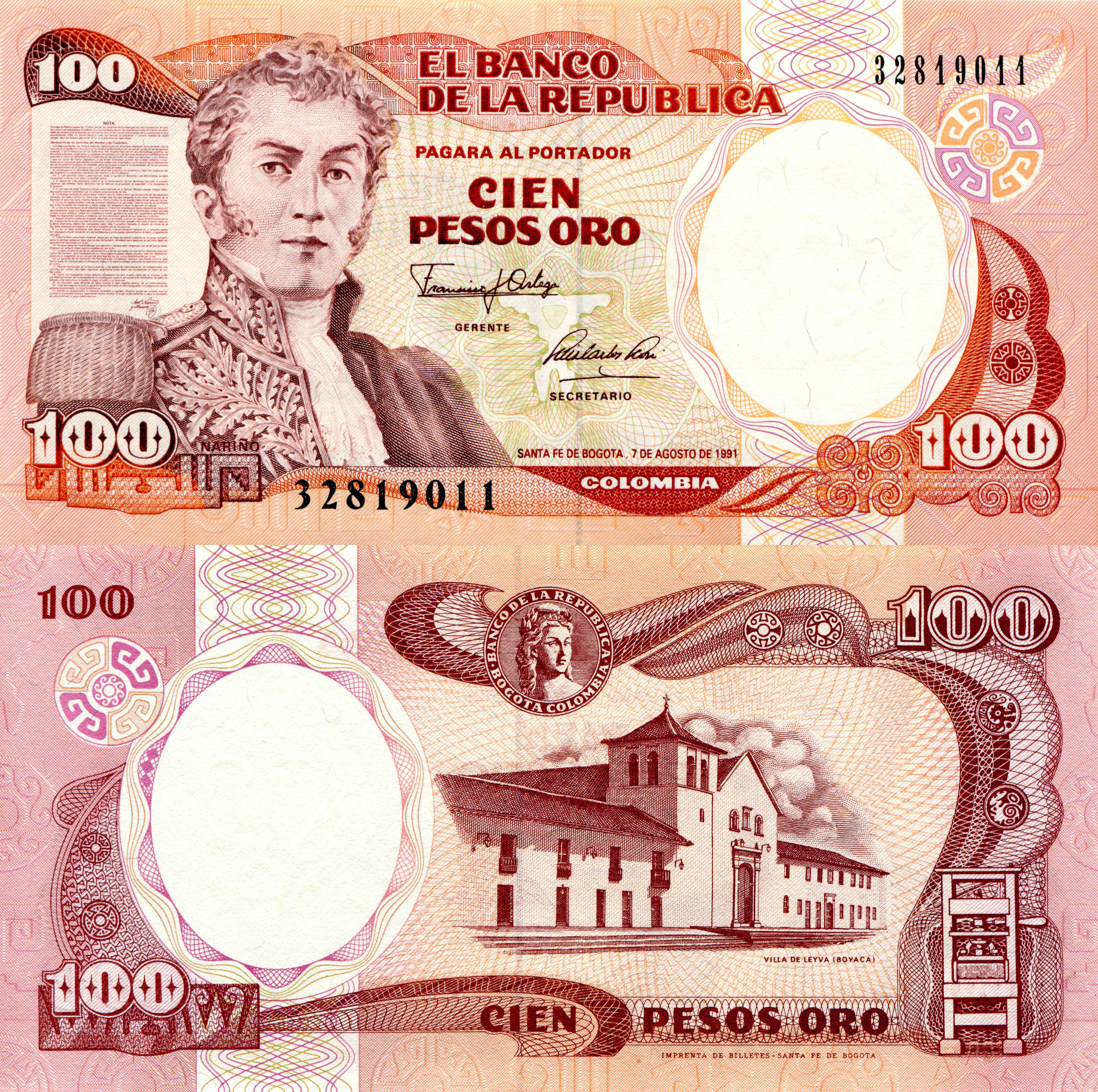 100 Pesos Oro Banknote of Colombia featuring Antonio Nariño HD Wallpaper