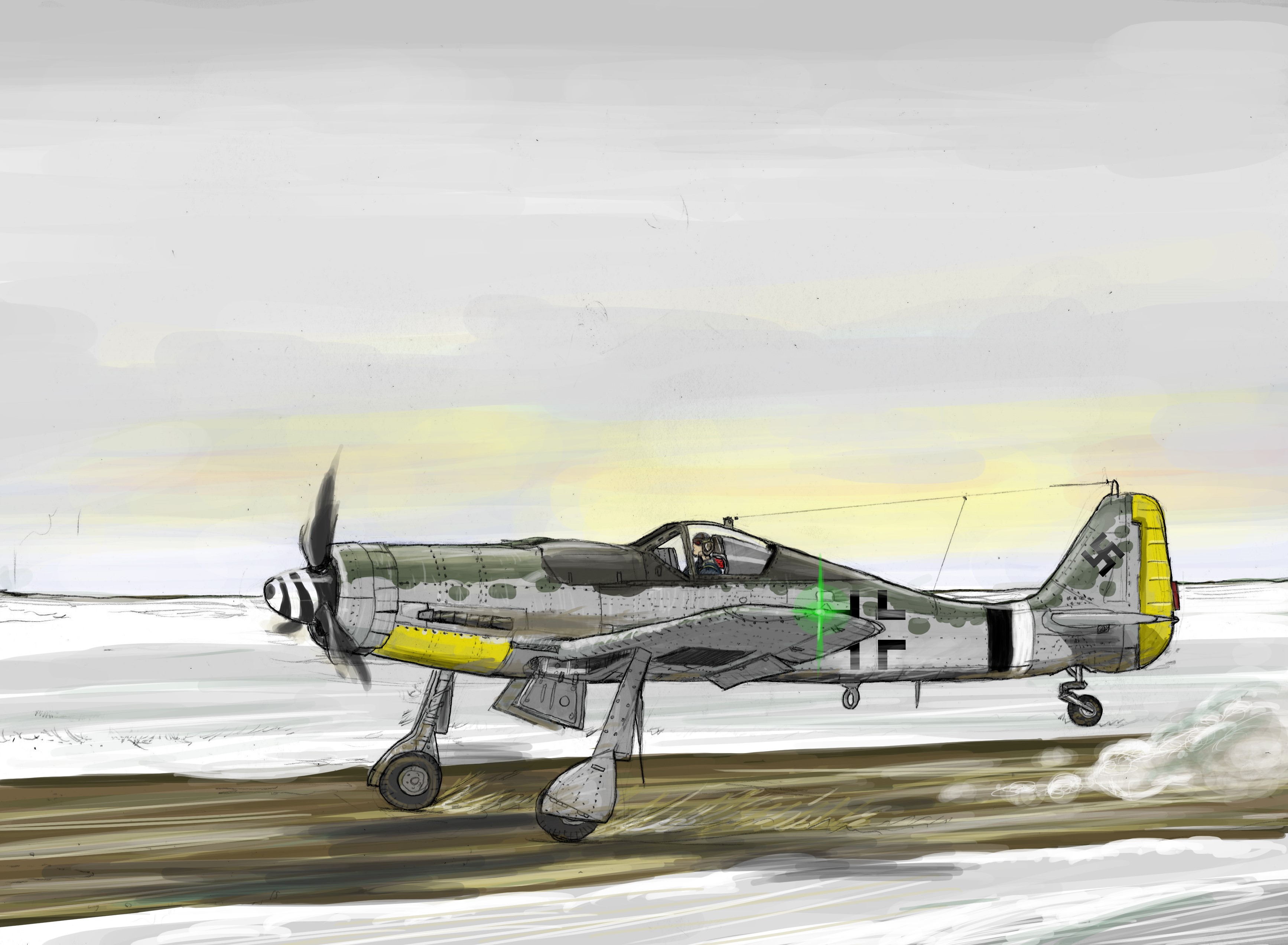 Focke-Wulf Fw 190 D-9 fighter airplane on a snowy runway HD Wallpaper