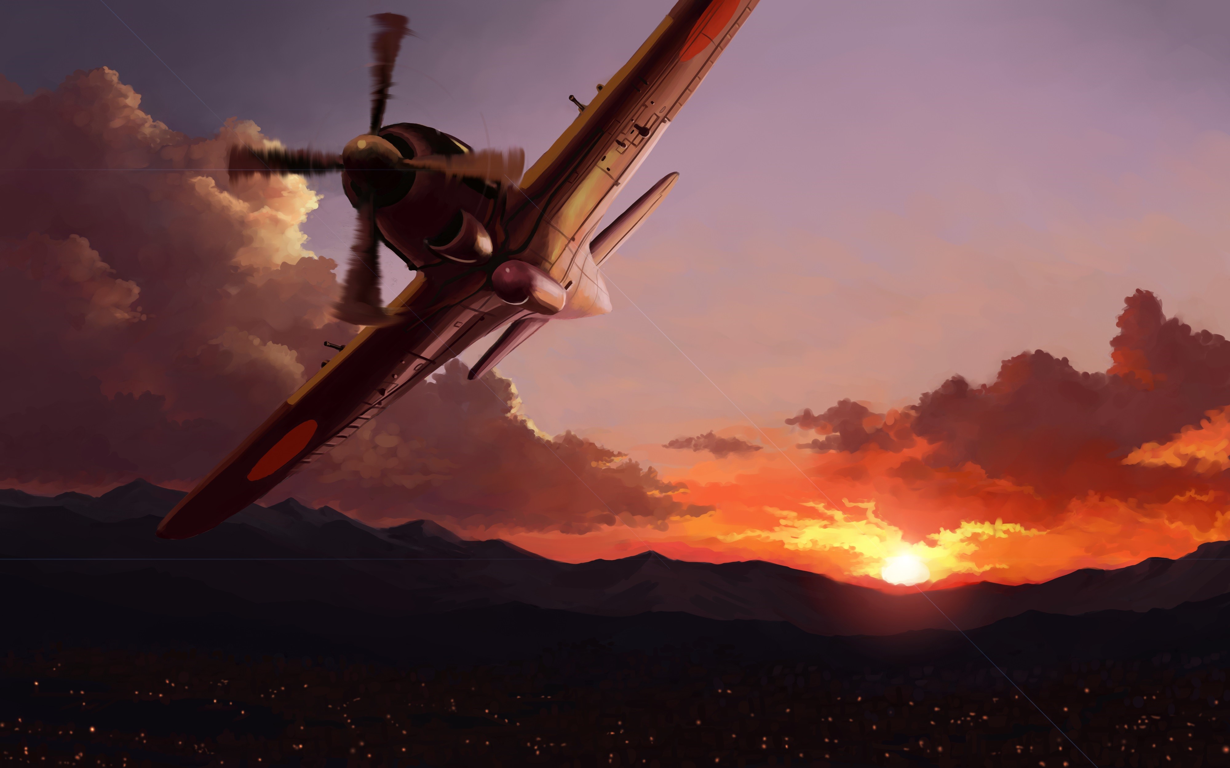 4K Painting of Mitsubishi J2M Raiden Airplane at Sunset HD Wallpaper