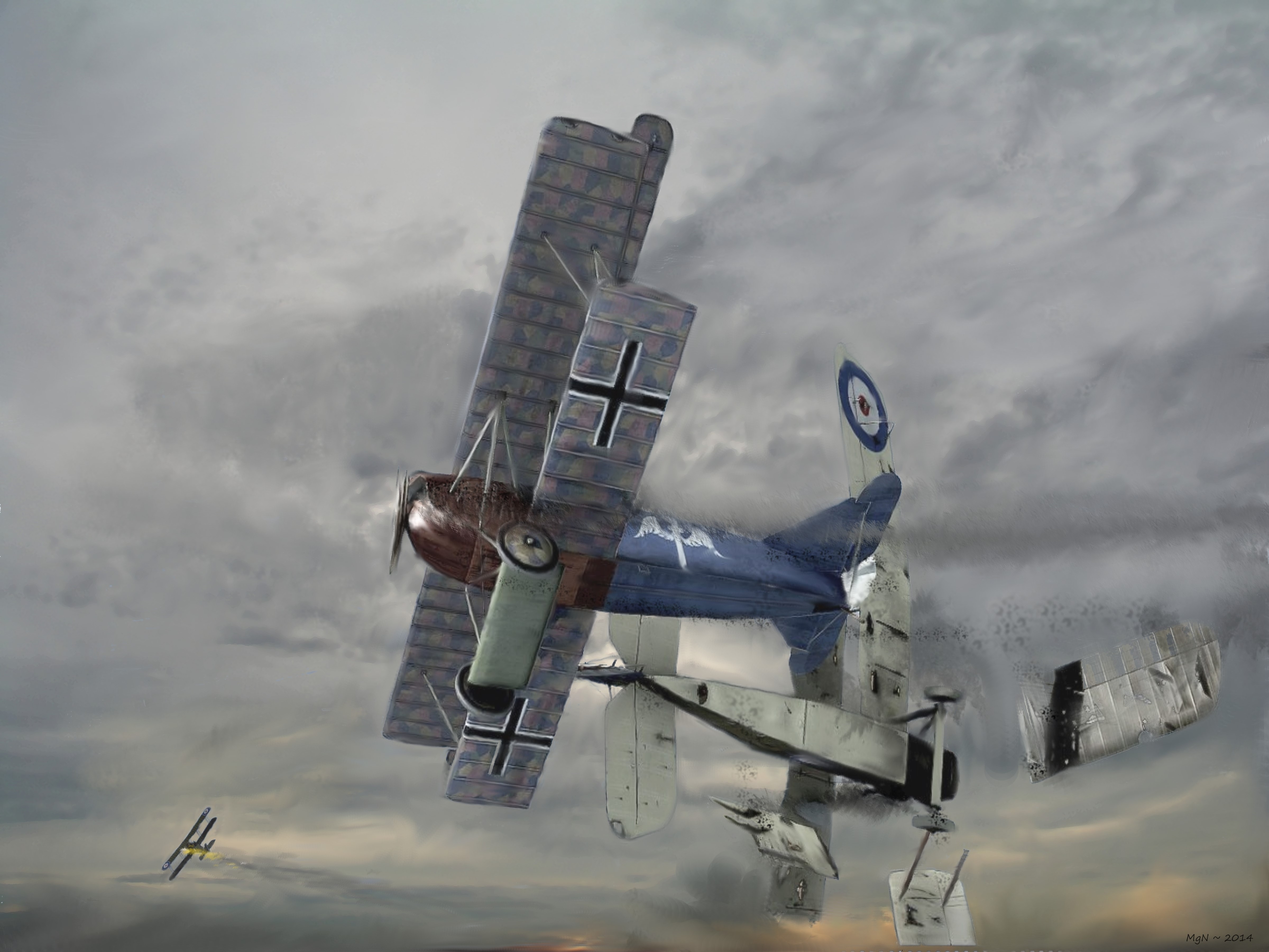 Painting of a mid-air plane crash HD Wallpaper
