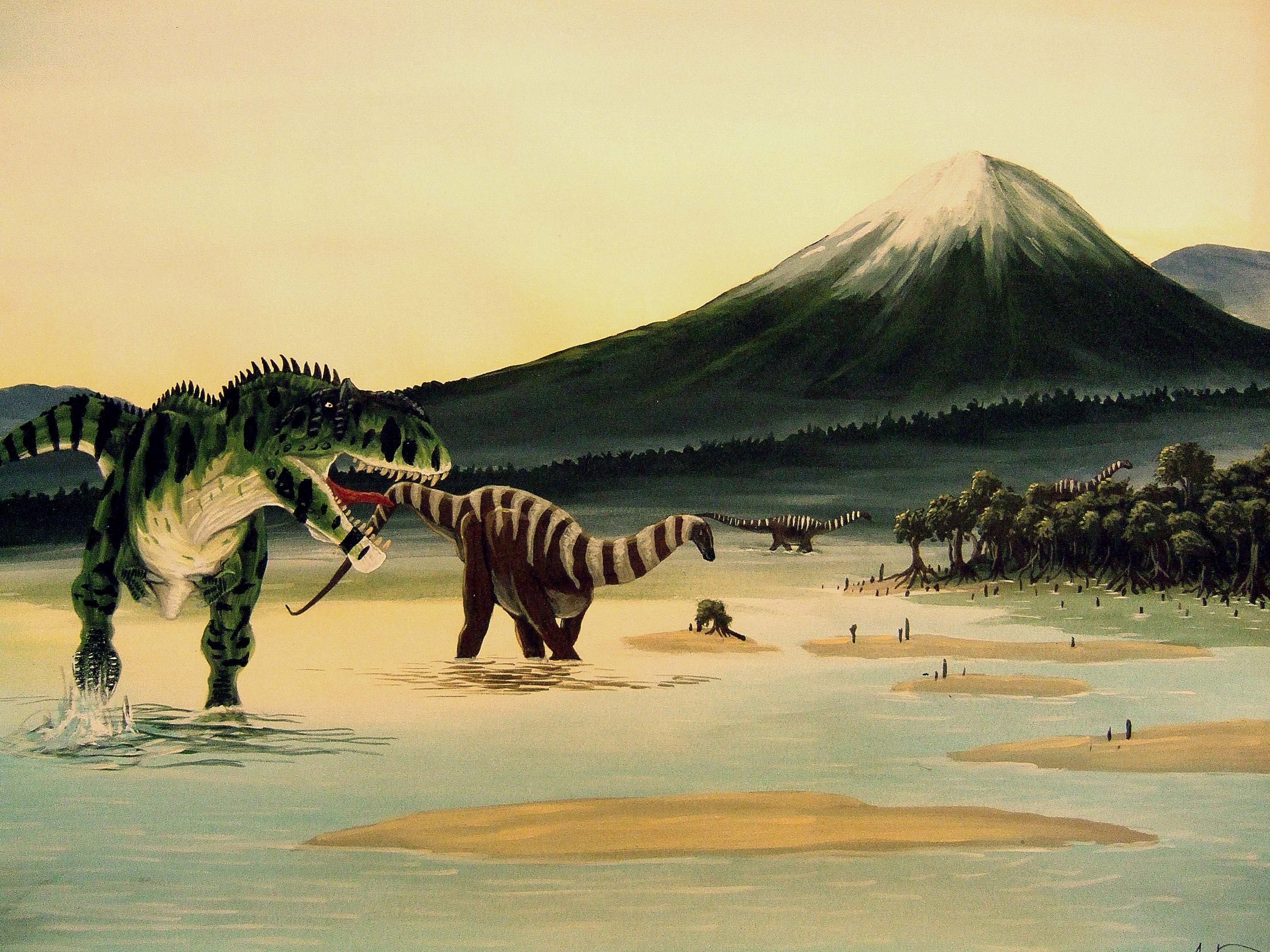 Tyrannotitan hunting in Cretaceous South America by Alexander Lovegrove HD Wallpaper