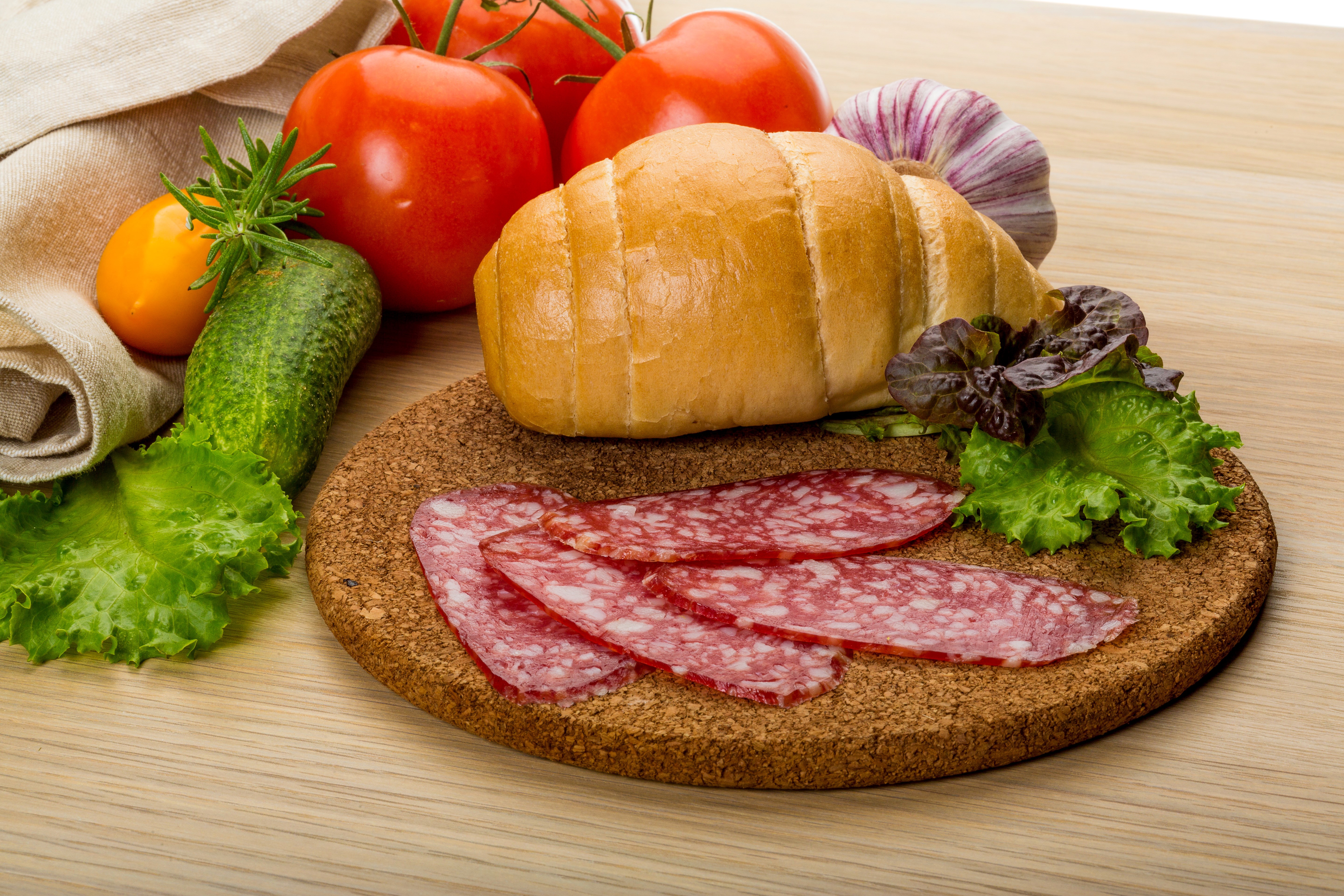 Sausage, Buns, Tomatoes, Cucumbers, and Garlic HD Wallpaper