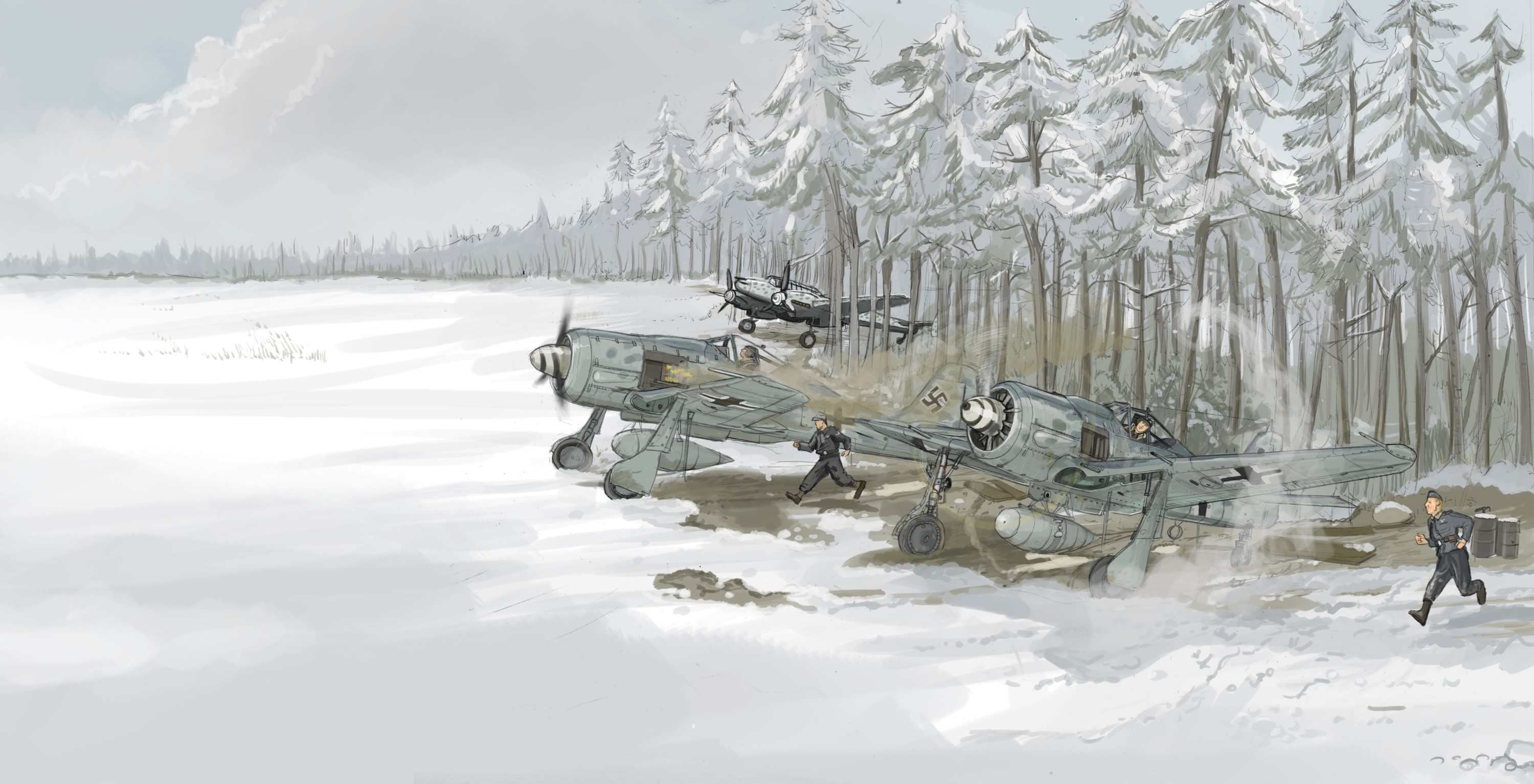WWII airplanes in a snowy forest HD Wallpaper