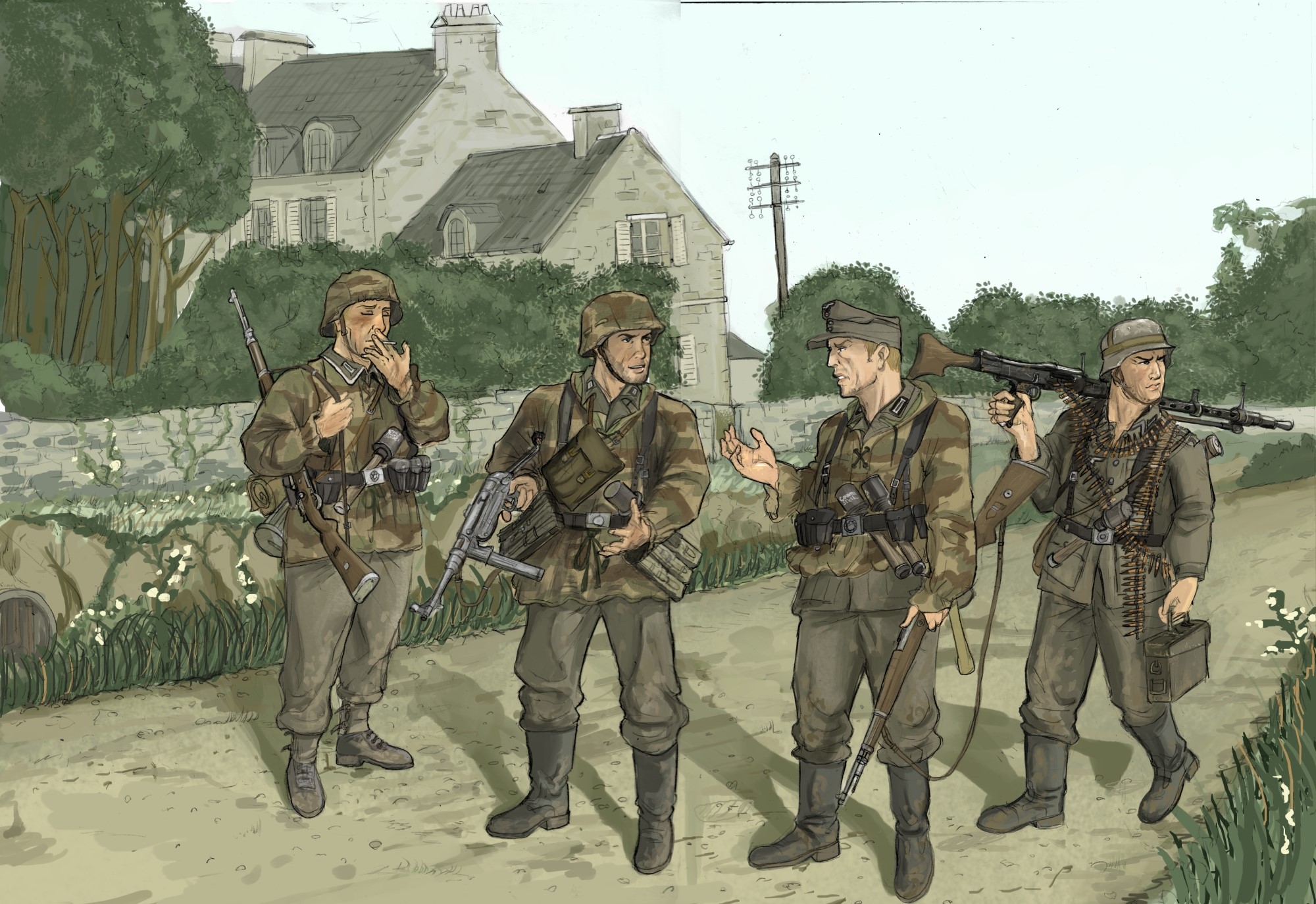 Four soldiers in camouflage uniforms with weapons HD Wallpaper