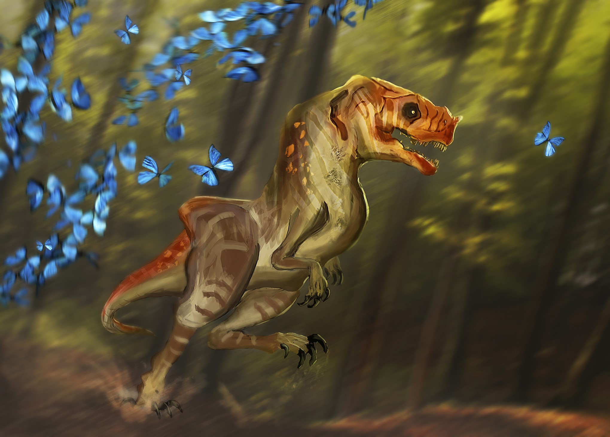 Dinosaur running through a forest with butterflies HD Wallpaper