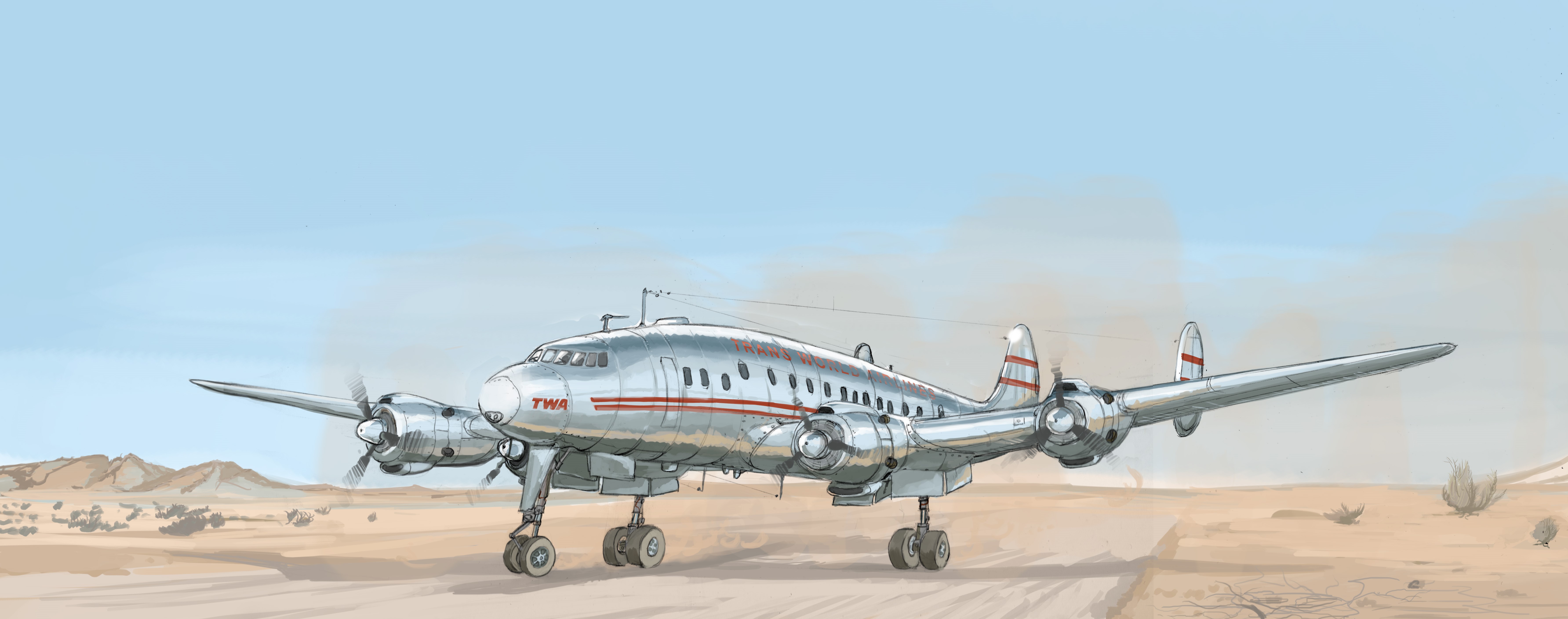 TWA Constellation Airplane in Desert Landscape Painting HD Wallpaper