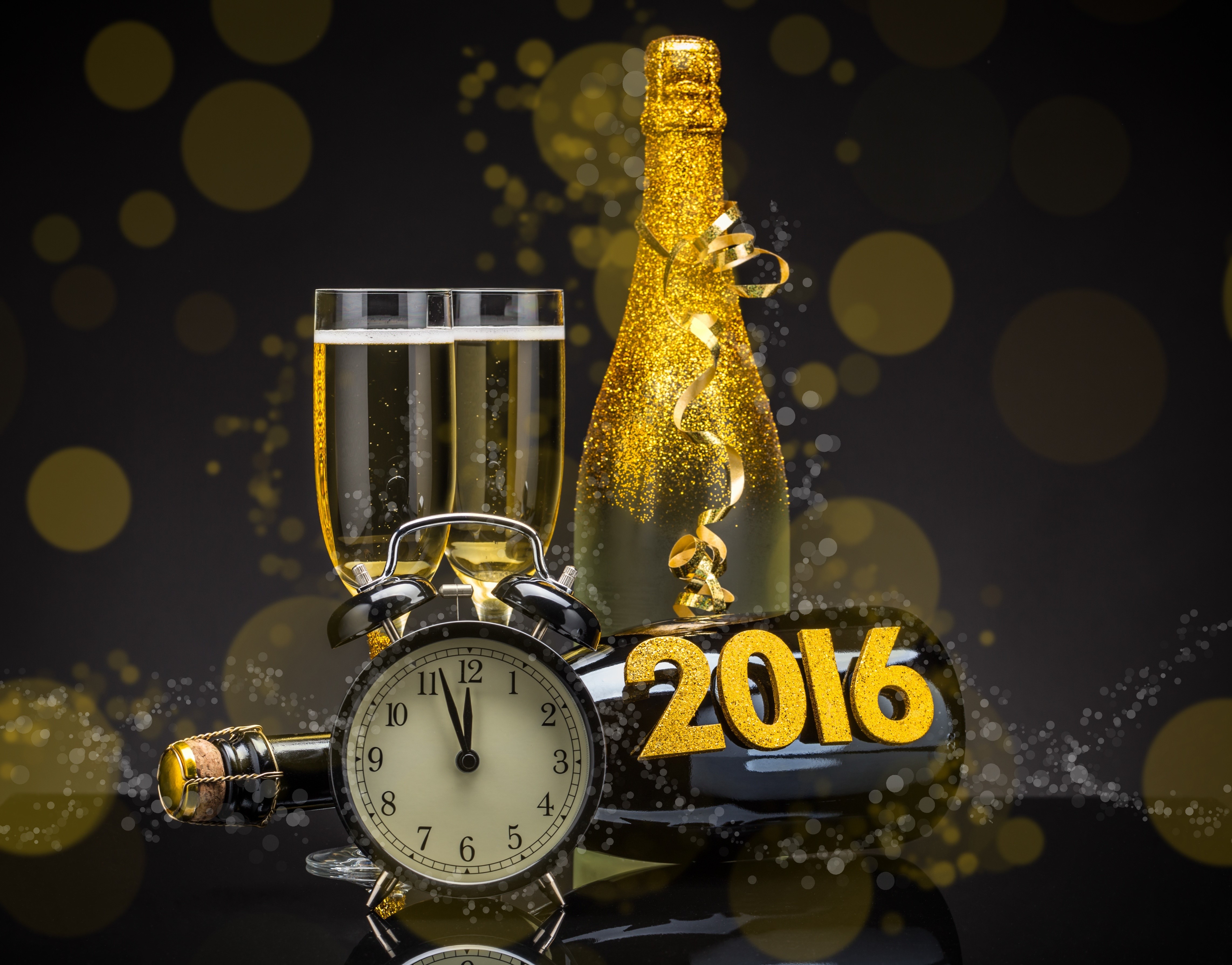 Champagne bottle, glasses, alarm clock, and 2016 text HD Wallpaper