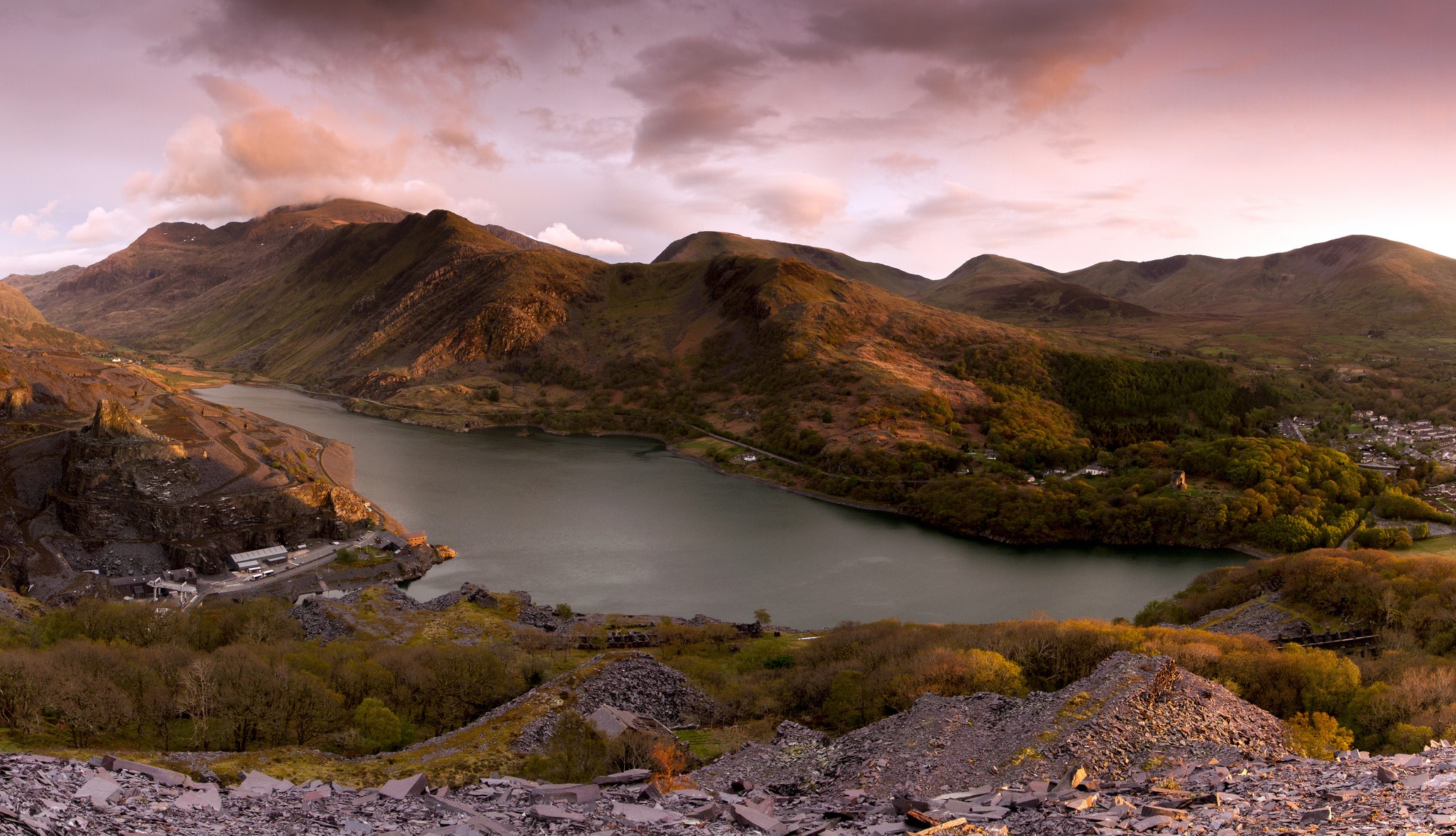 Mountains and lake at sunset with quarry HD Wallpaper