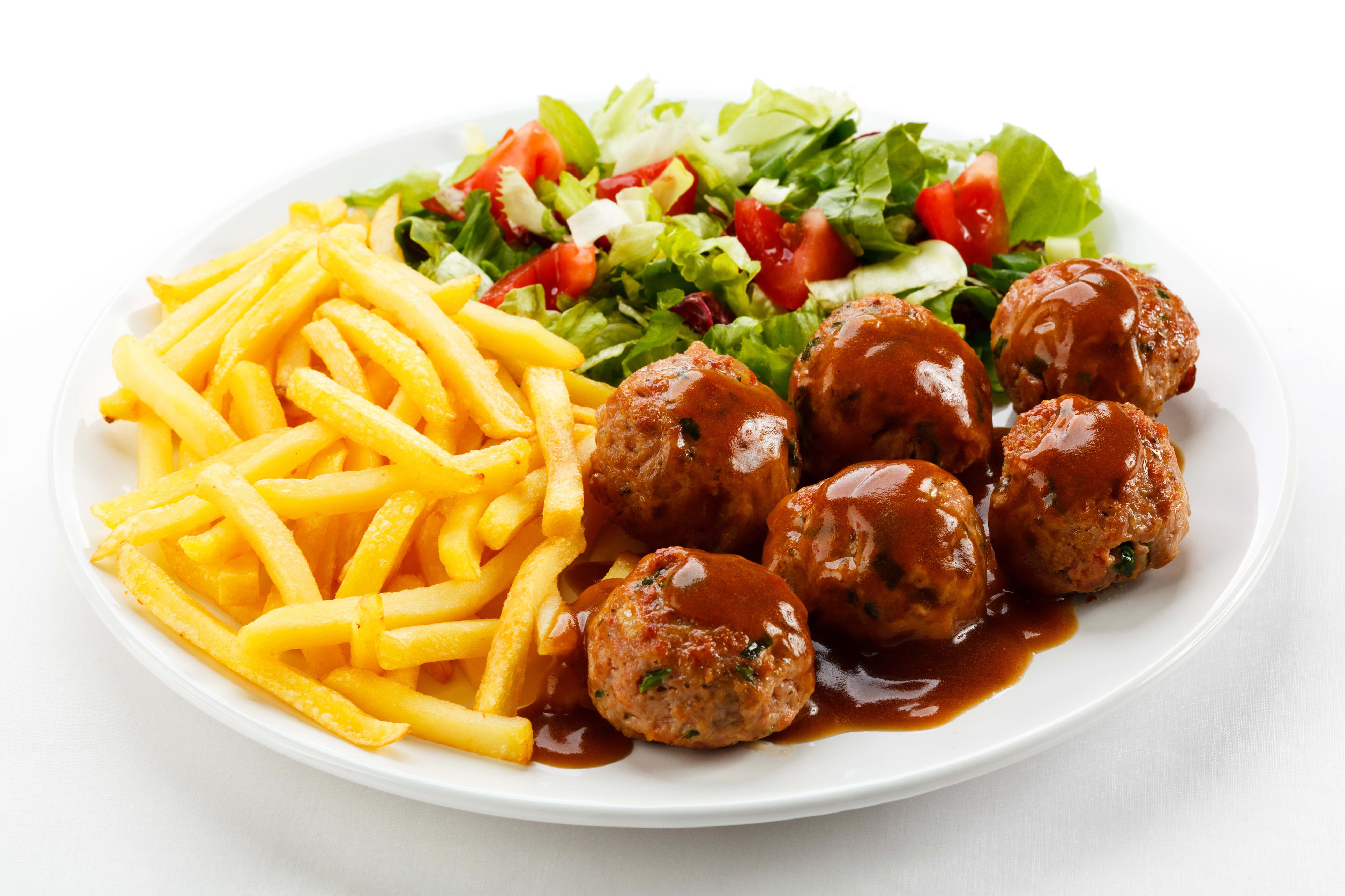 French fries, salad, and meatballs with gravy HD Wallpaper