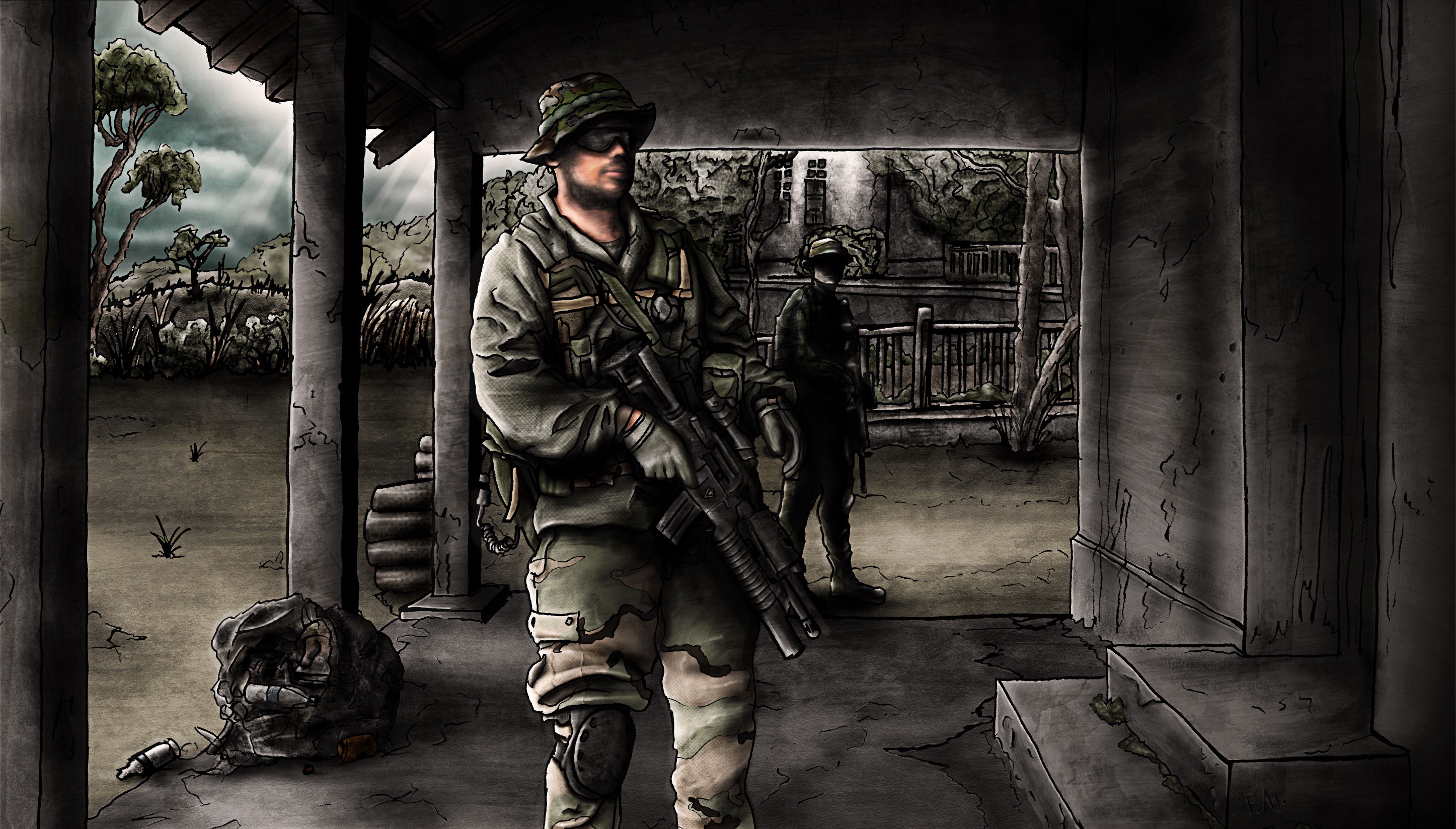 Two soldiers in a ruined building with a desolate landscape HD Wallpaper