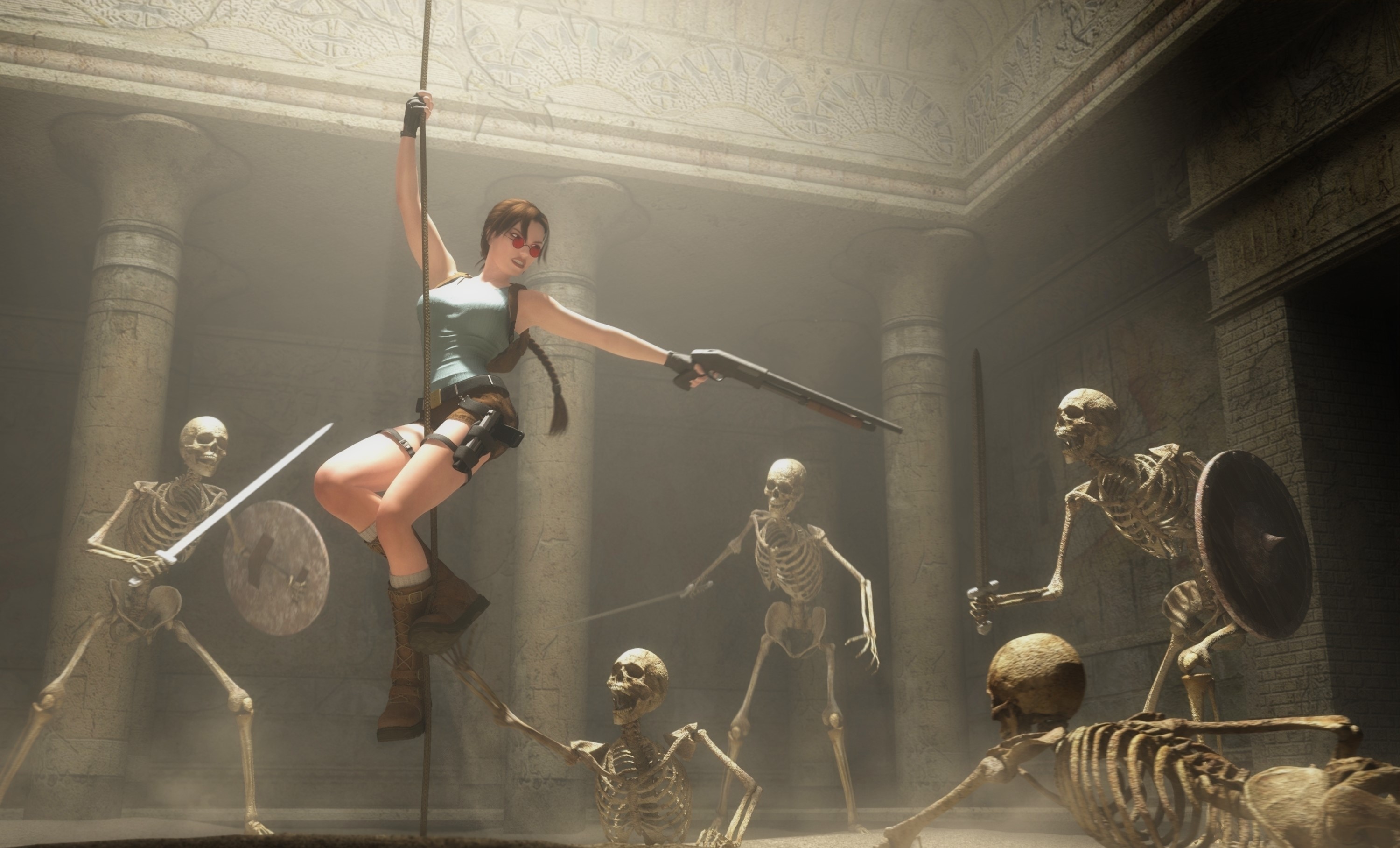 Lara Croft from Tomb Raider fighting skeletons HD Wallpaper