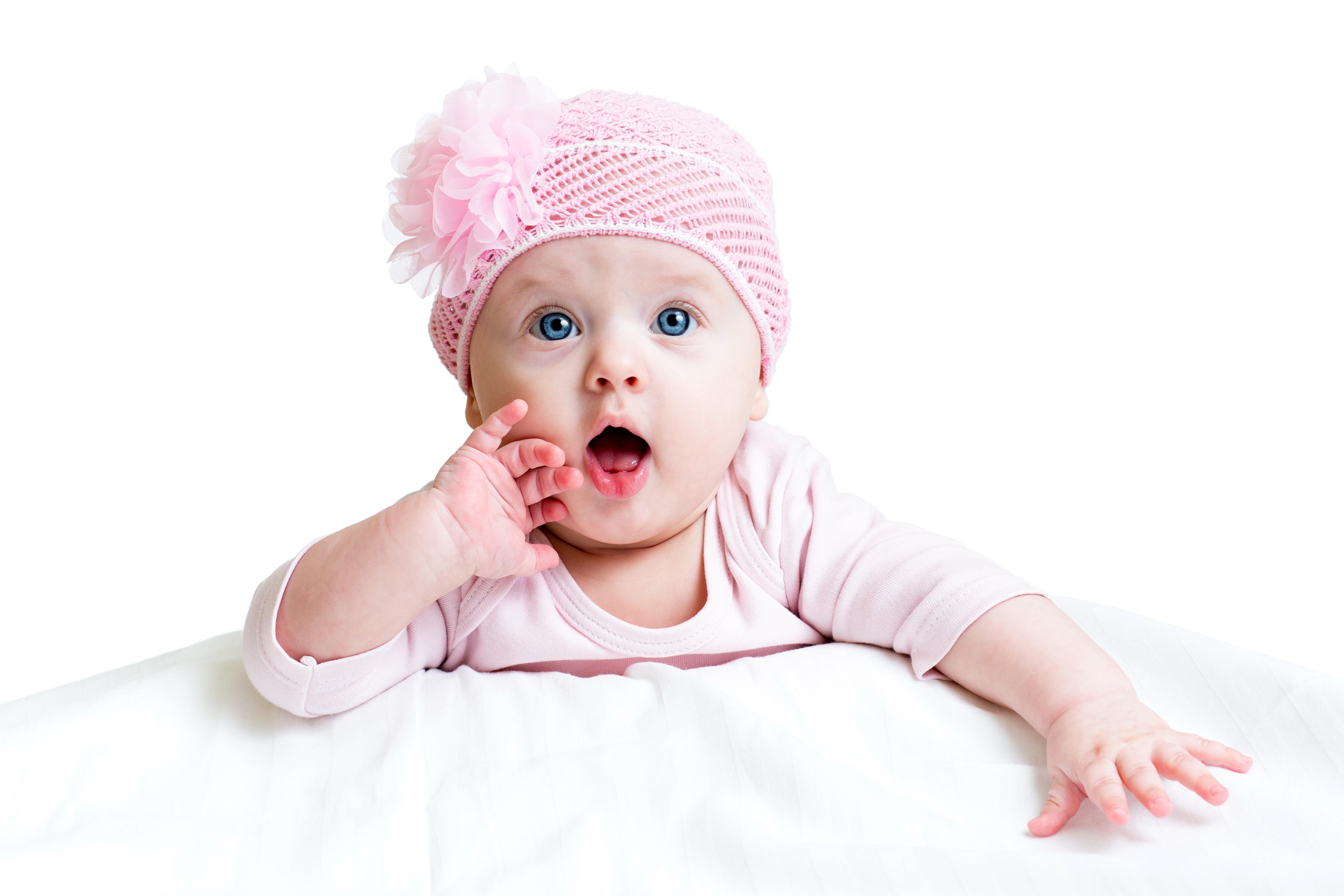 Baby wearing a pink winter hat HD Wallpaper