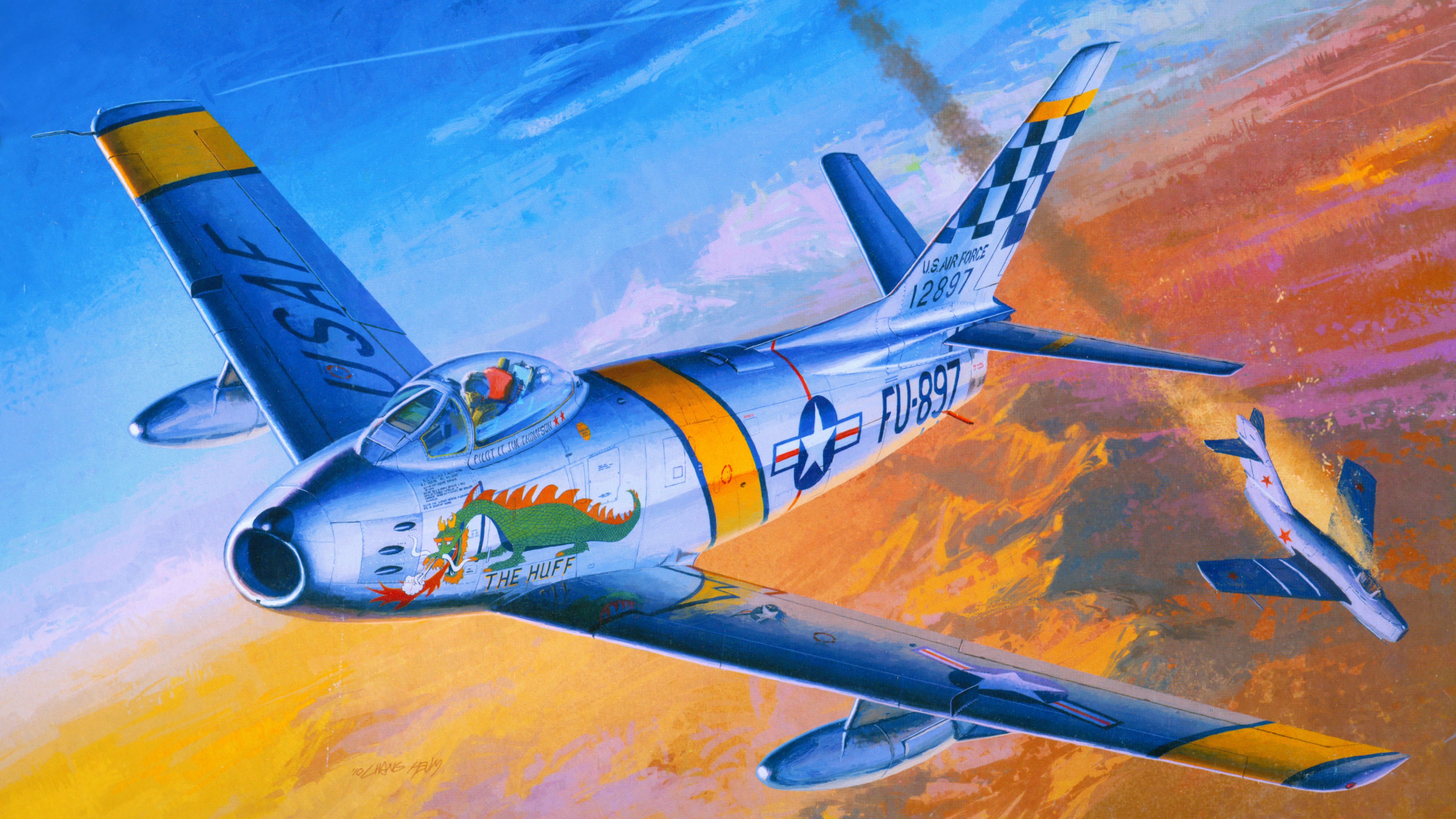 F-86F "The Huff" in aerial combat HD Wallpaper
