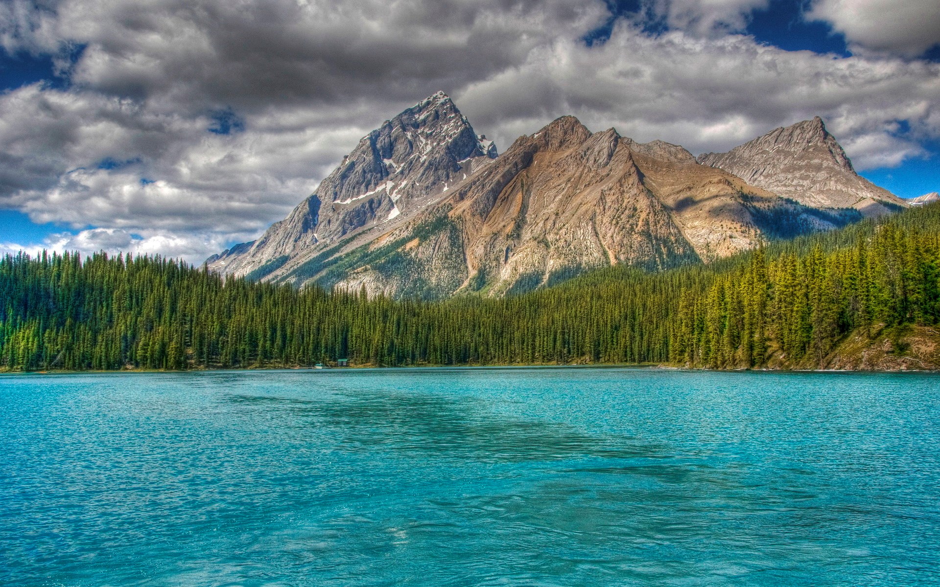 Turquoise lake with pine forest and mountains HD Wallpaper