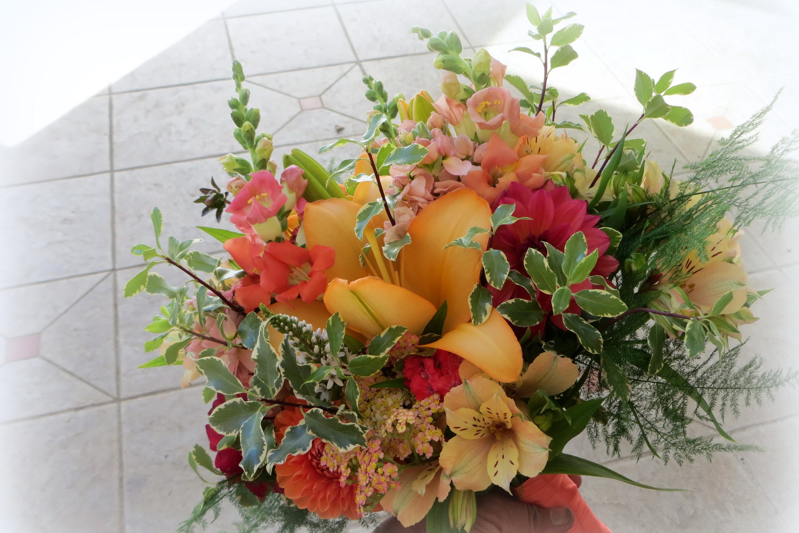 Bouquet with Lilies, Dahlias, Alstroemeria, and Antirrhinum HD Wallpaper