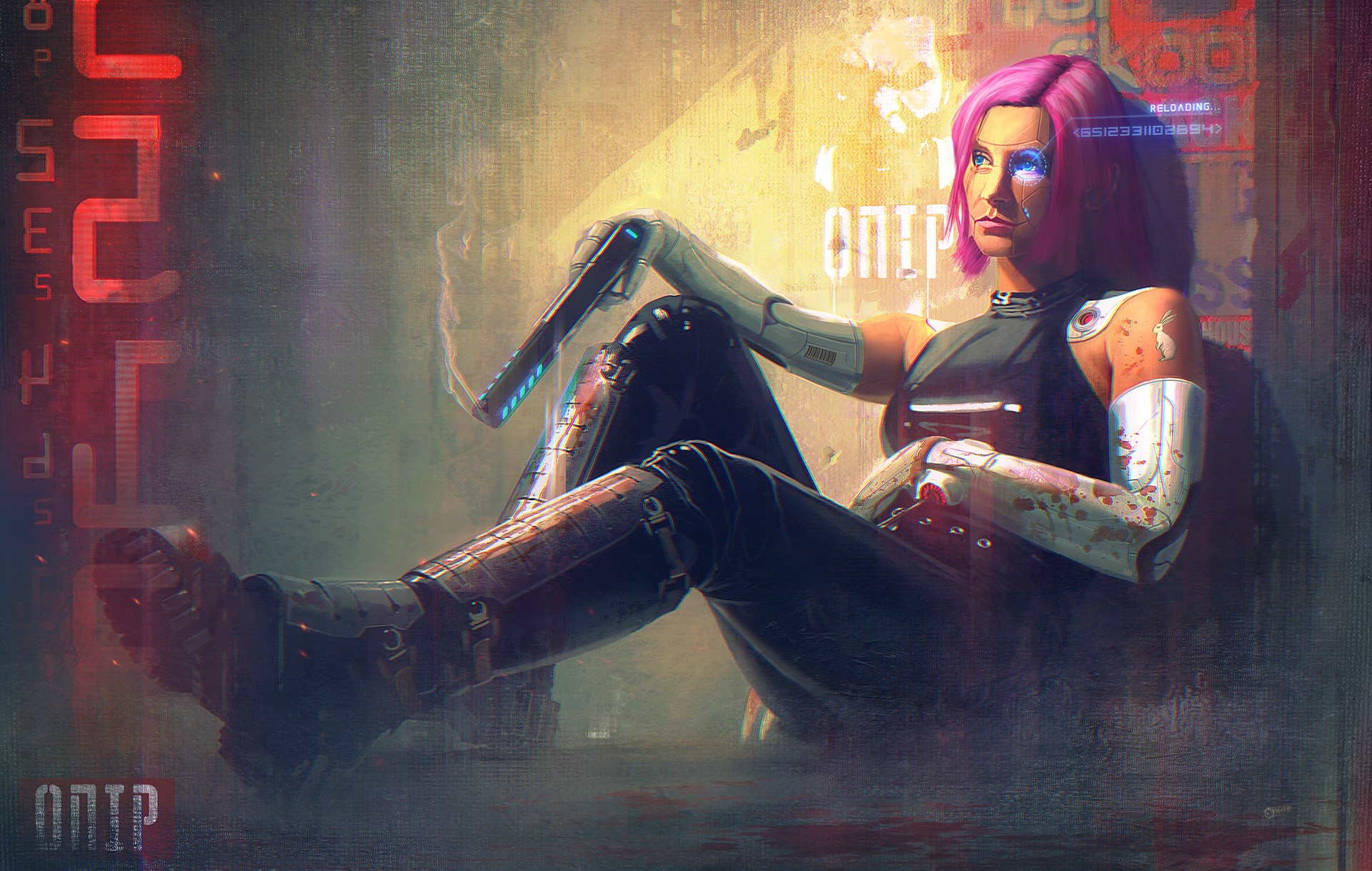 Cyberpunk woman with robotic limbs and pistol HD Wallpaper
