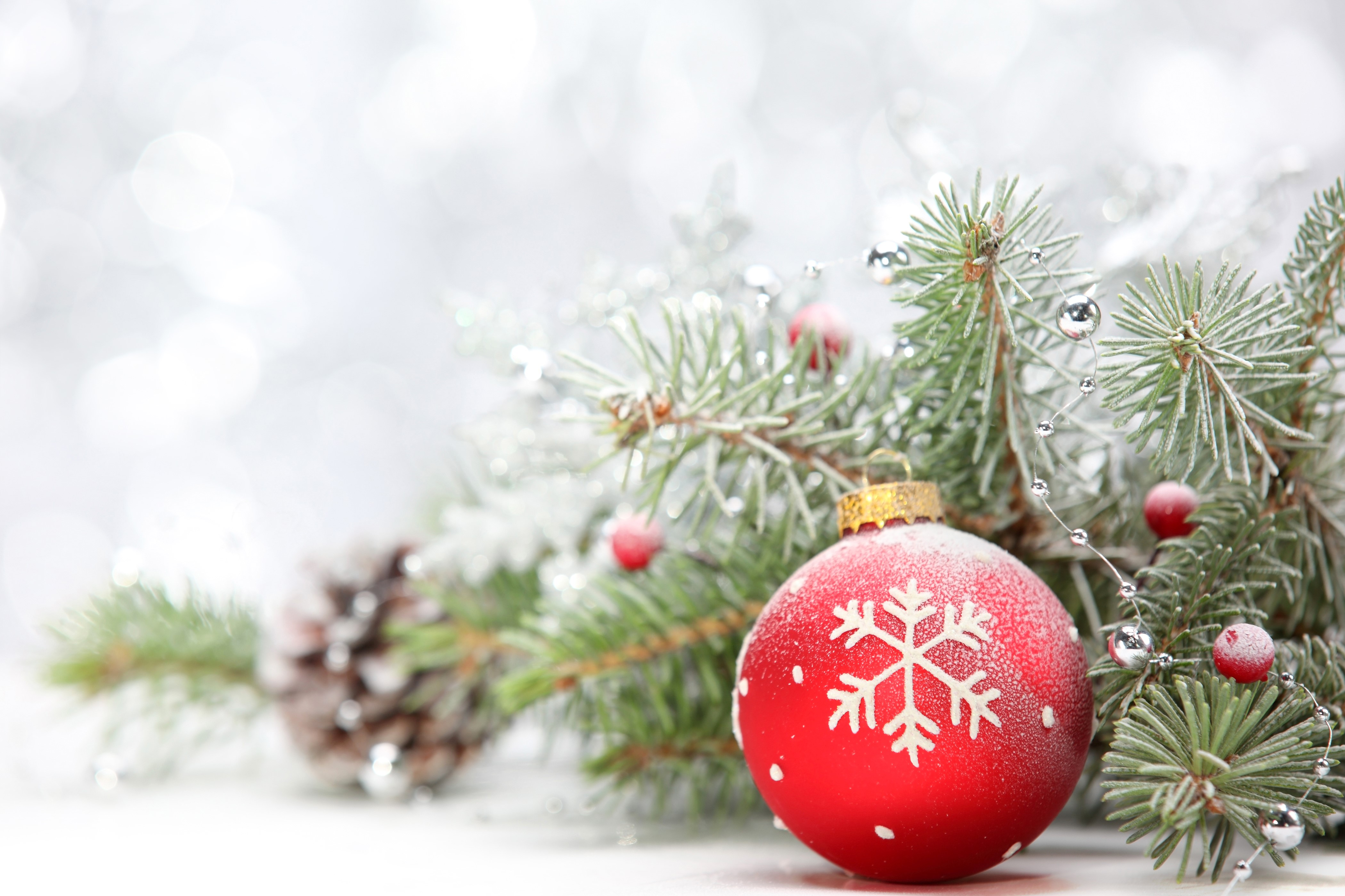 Christmas Ornament on Pine Branches with Snow HD Wallpaper