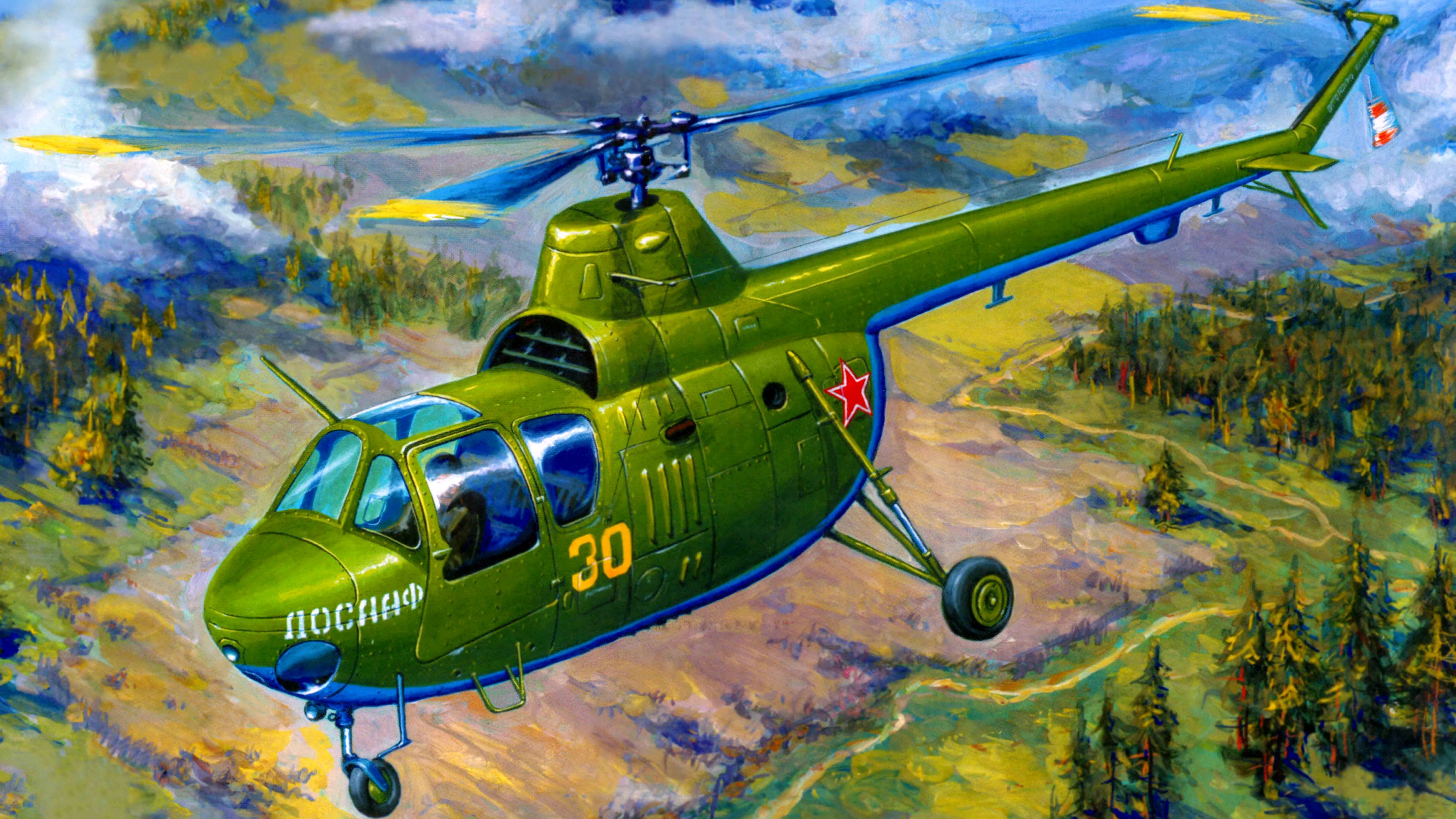 Green Helicopter with Red Star Flying Over Forest HD Wallpaper