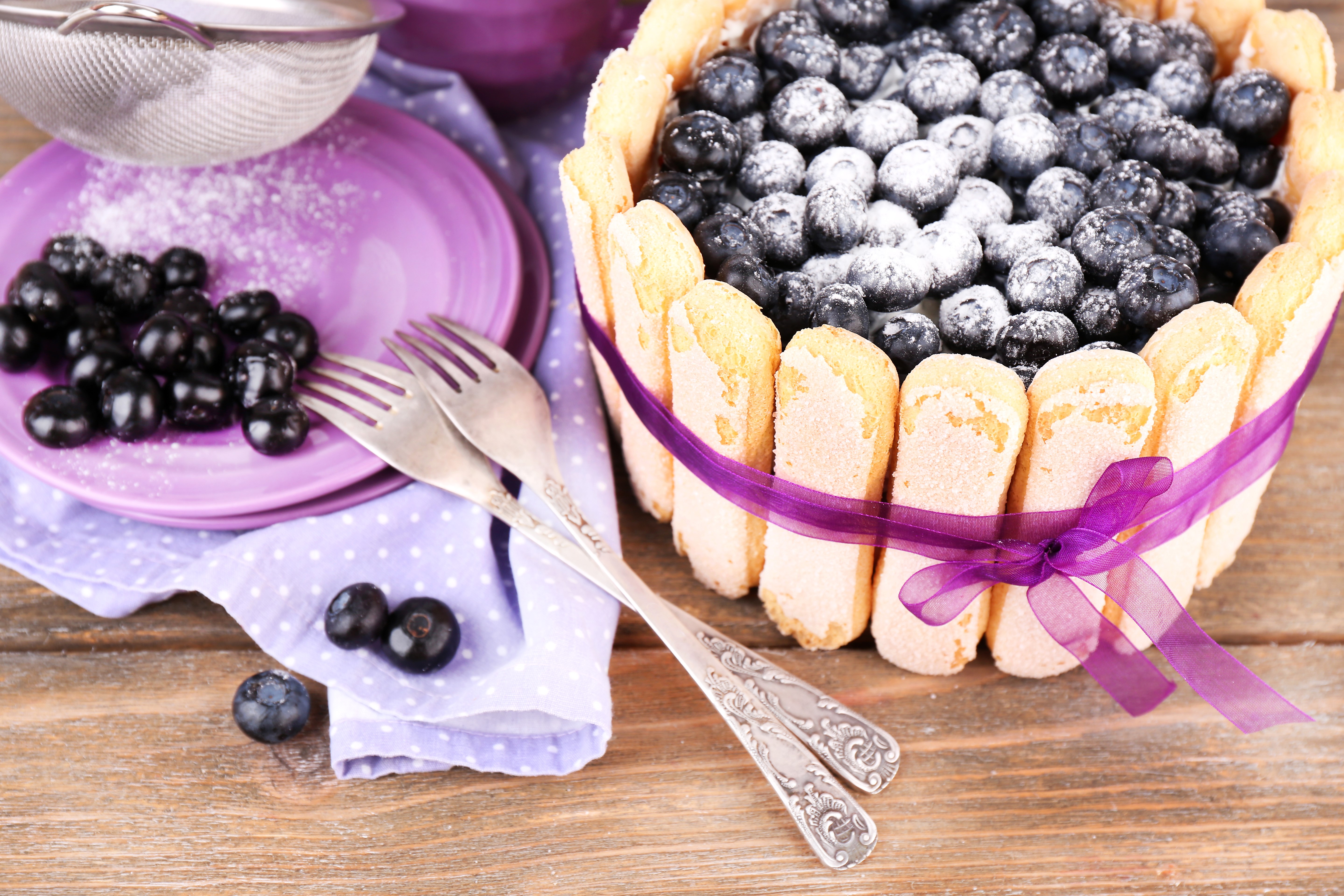 Blueberry Charlotte Cake with Ladyfingers and Purple Ribbon HD Wallpaper