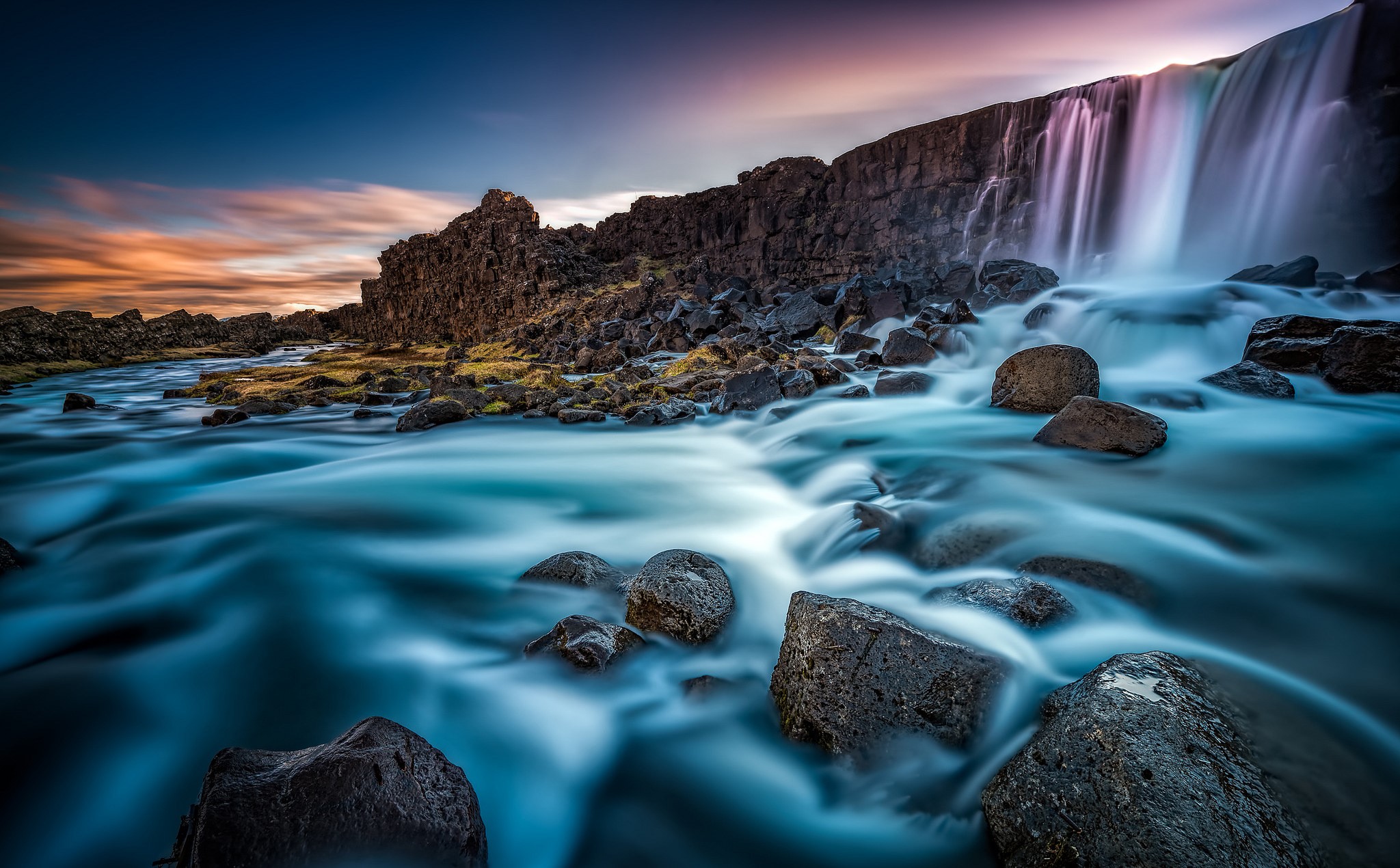 Oxararfoss waterfall on Oxara river in Iceland HD Wallpaper