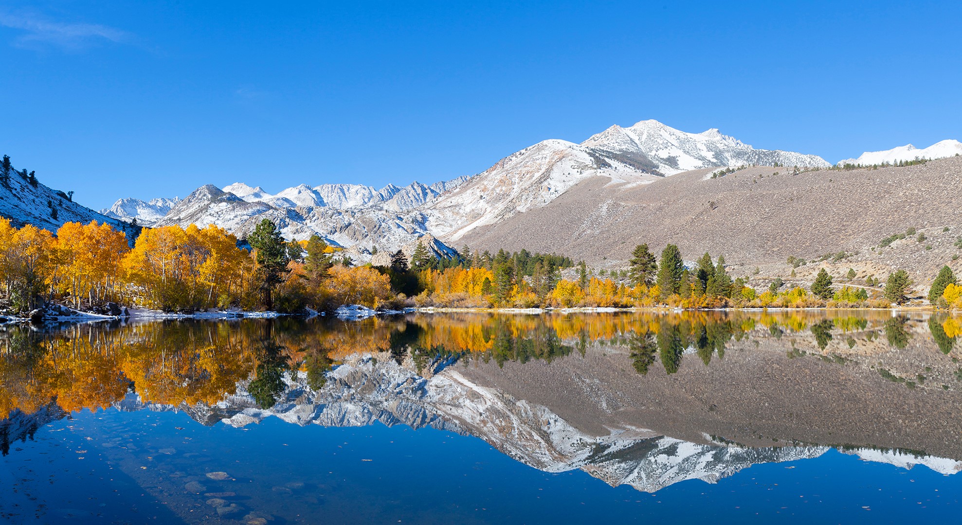 Autumn trees reflecting in a mountain lake HD Wallpaper