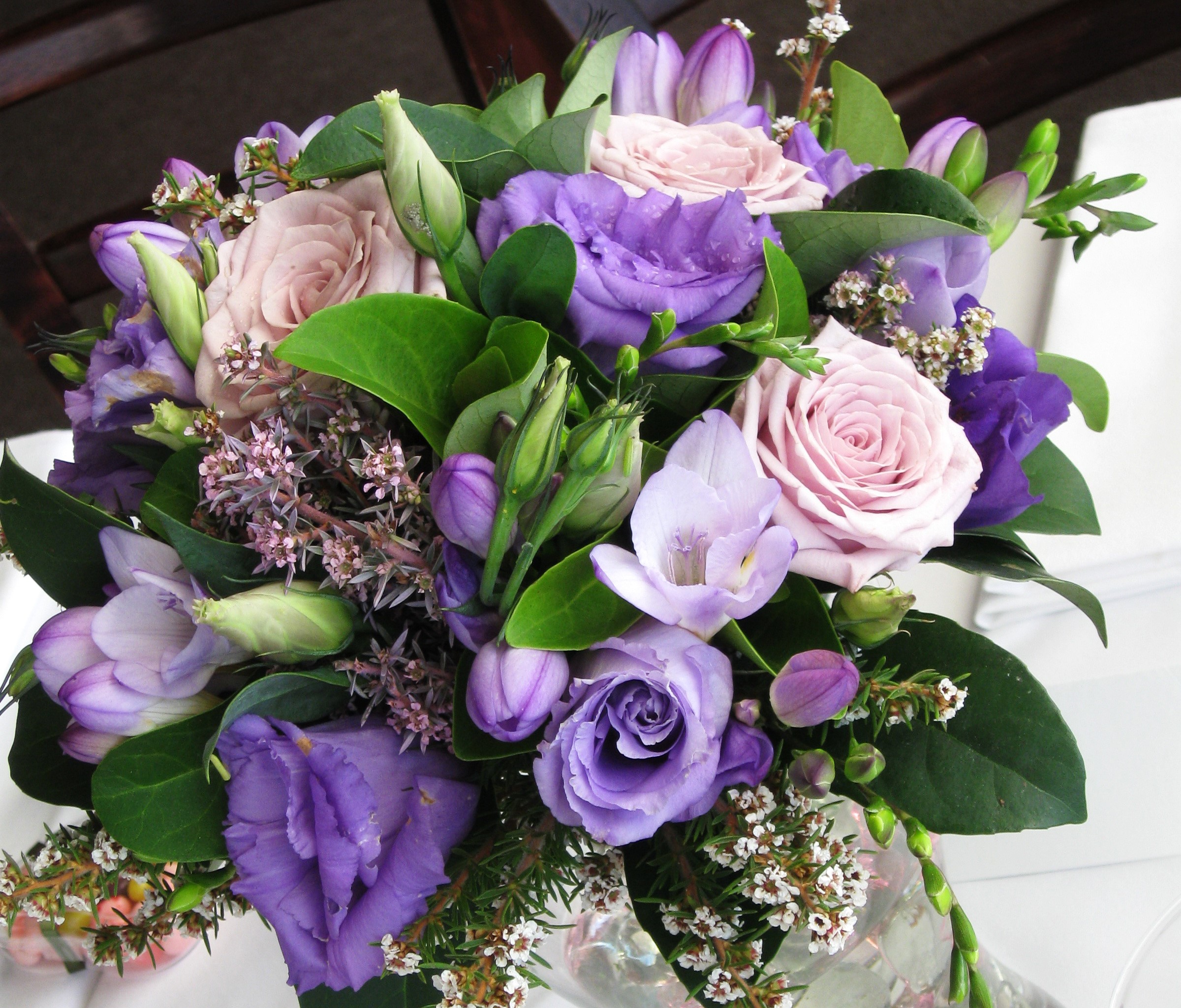 Bouquet of Roses, Eustoma, and Freesia flowers HD Wallpaper