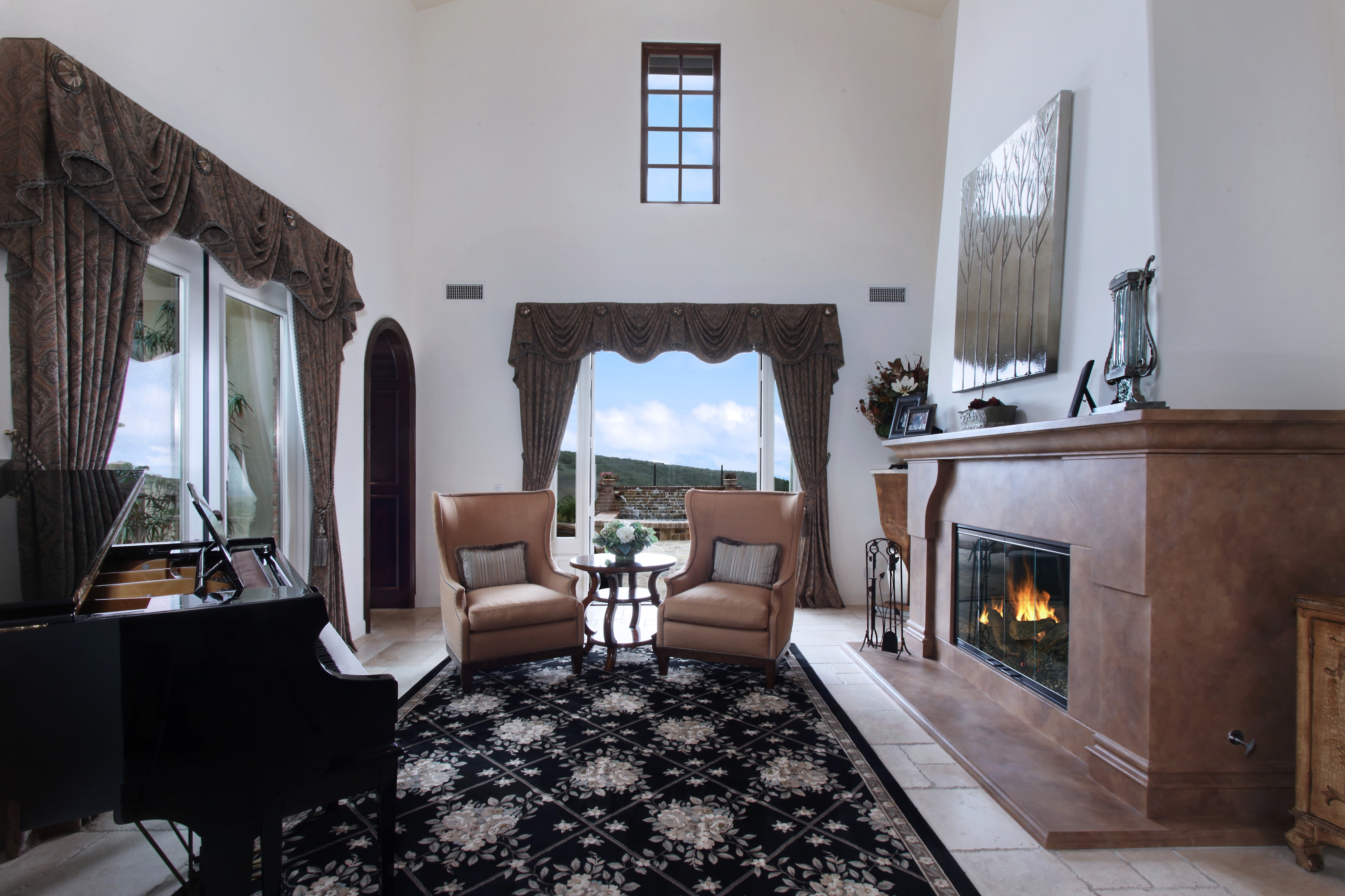 Living room with fireplace and piano HD Wallpaper