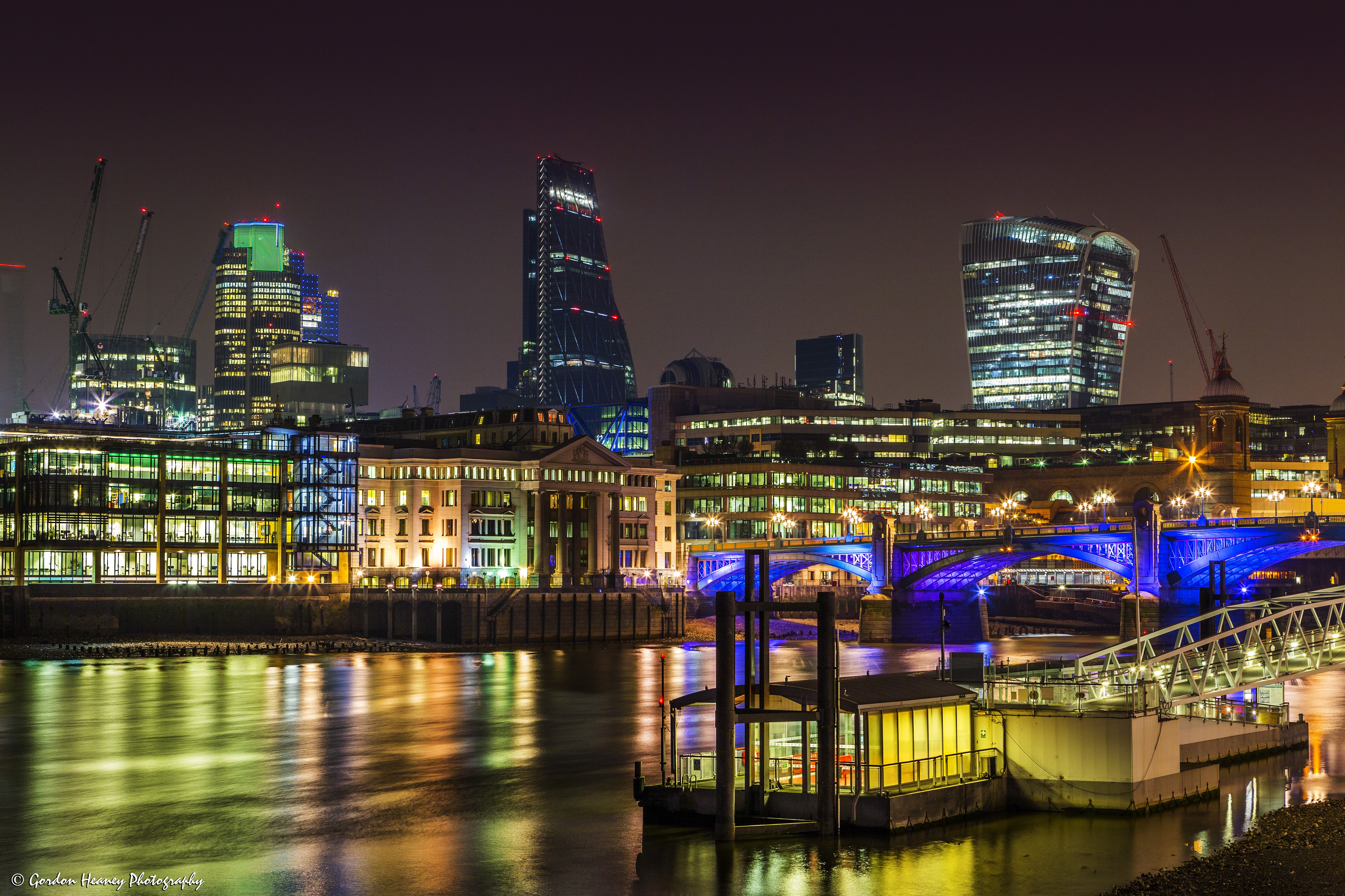 London Skyline at Night with River Thames and Bridges HD Wallpaper
