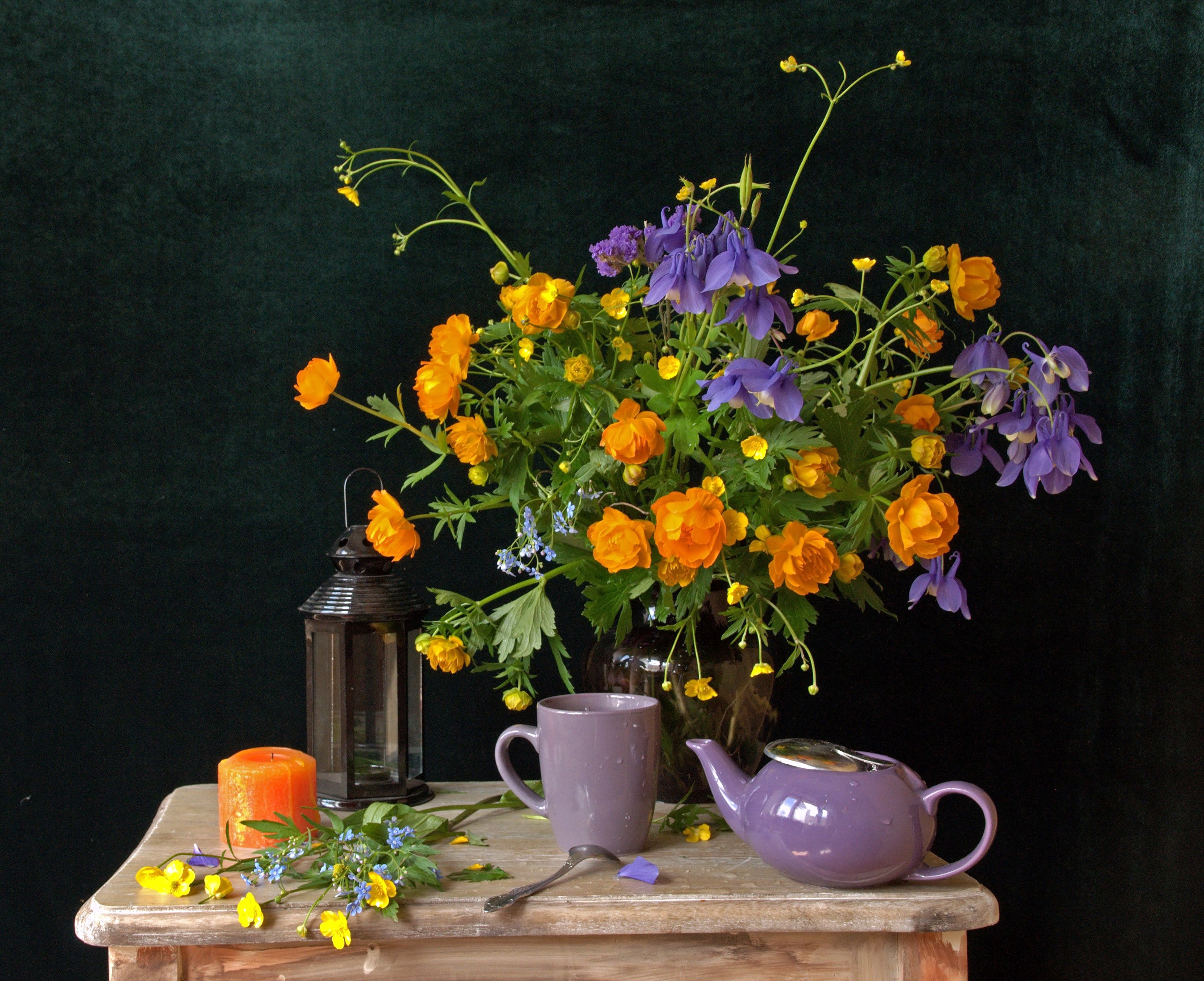 Still life with flowers, candle, cup, and teapot HD Wallpaper