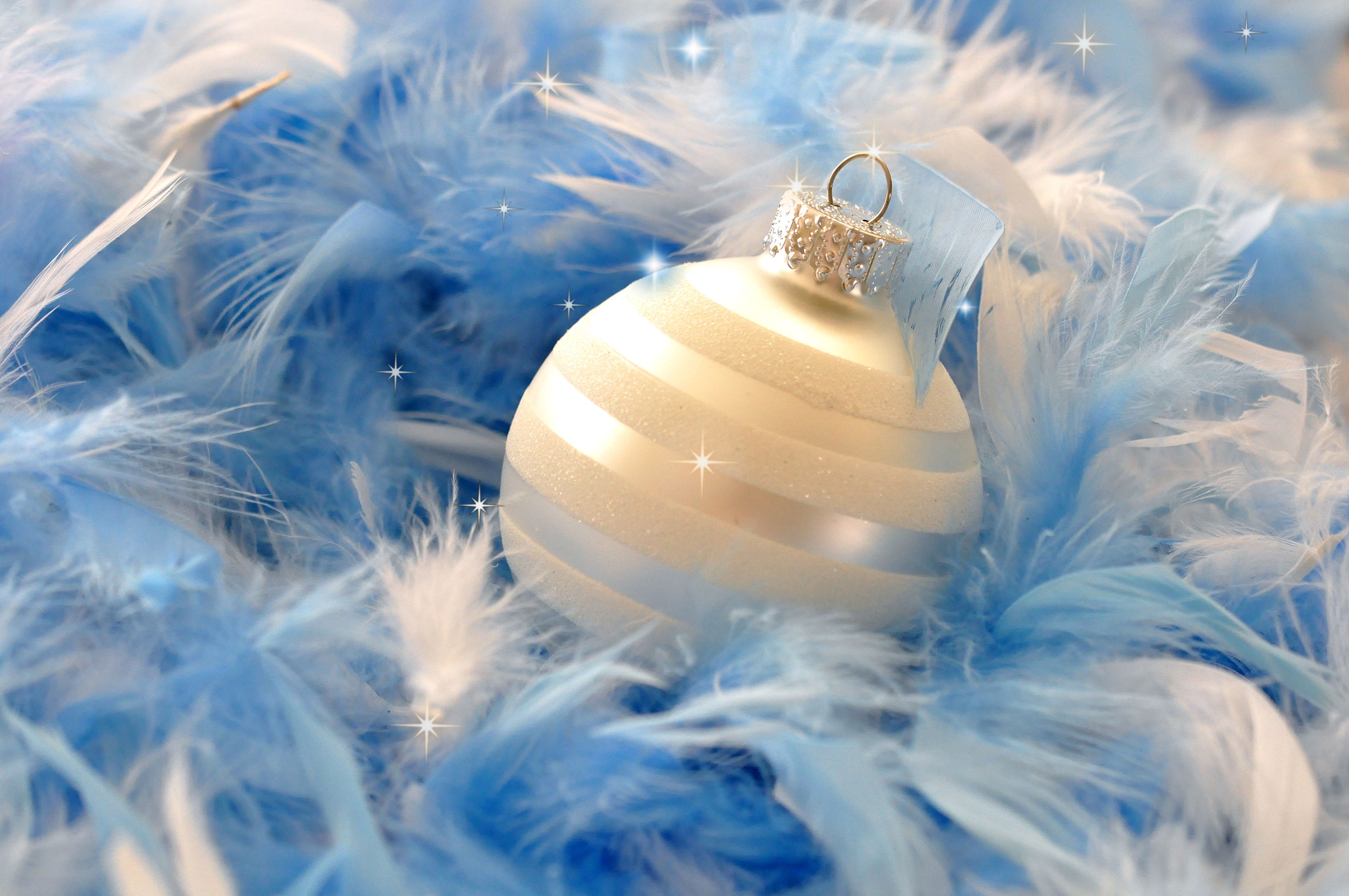 Christmas ornament on blue and white feathers HD Wallpaper