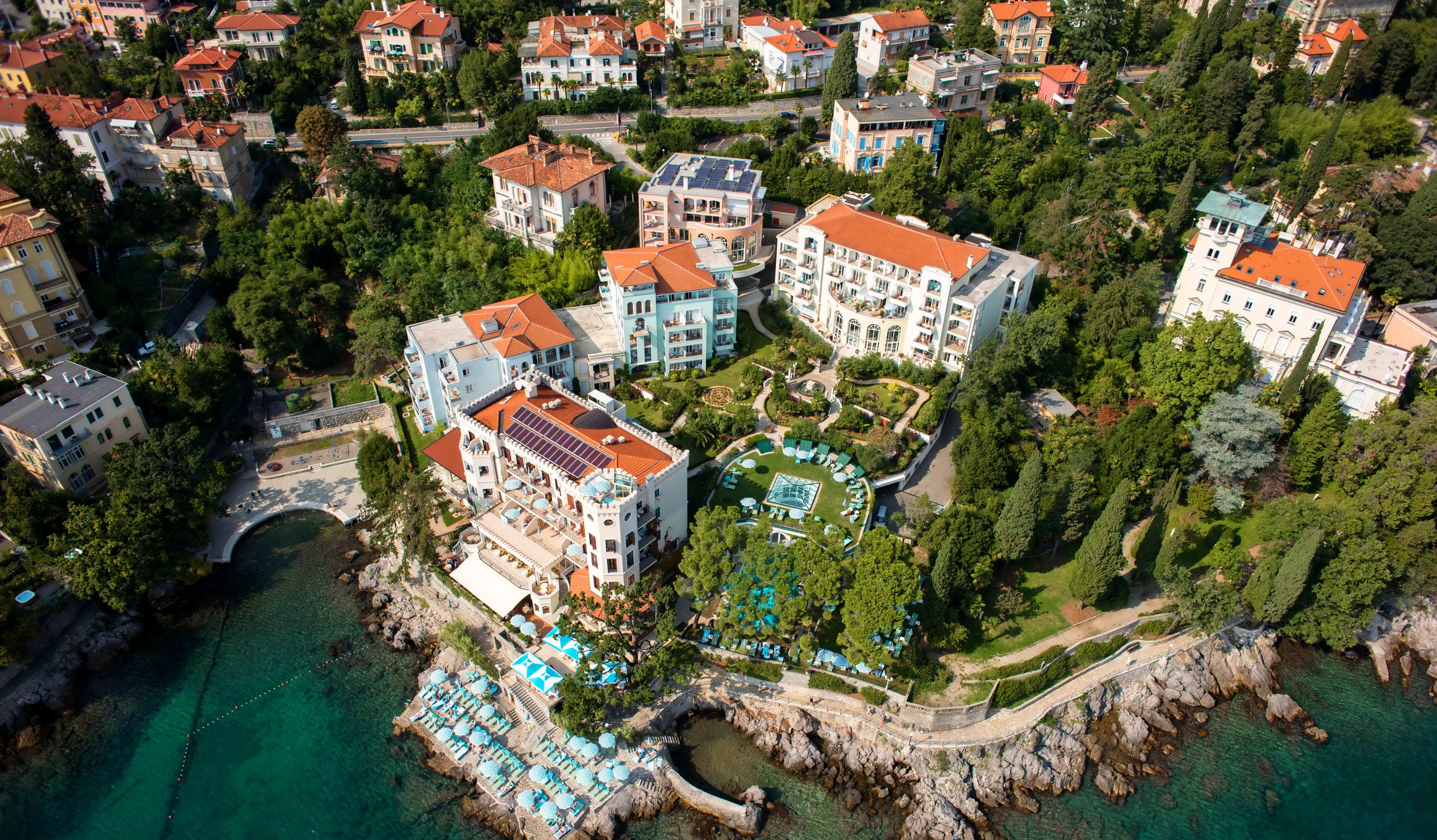 Aerial view of Opatija, Croatia coastline with hotels and sea HD Wallpaper